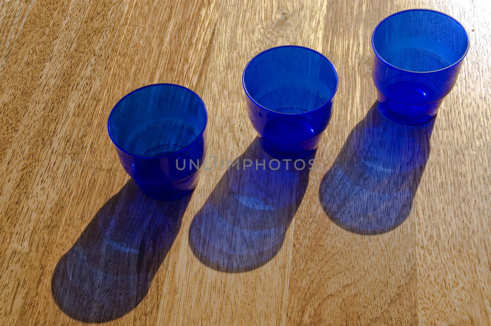 Dark blue utensils, shadow on a floor.
