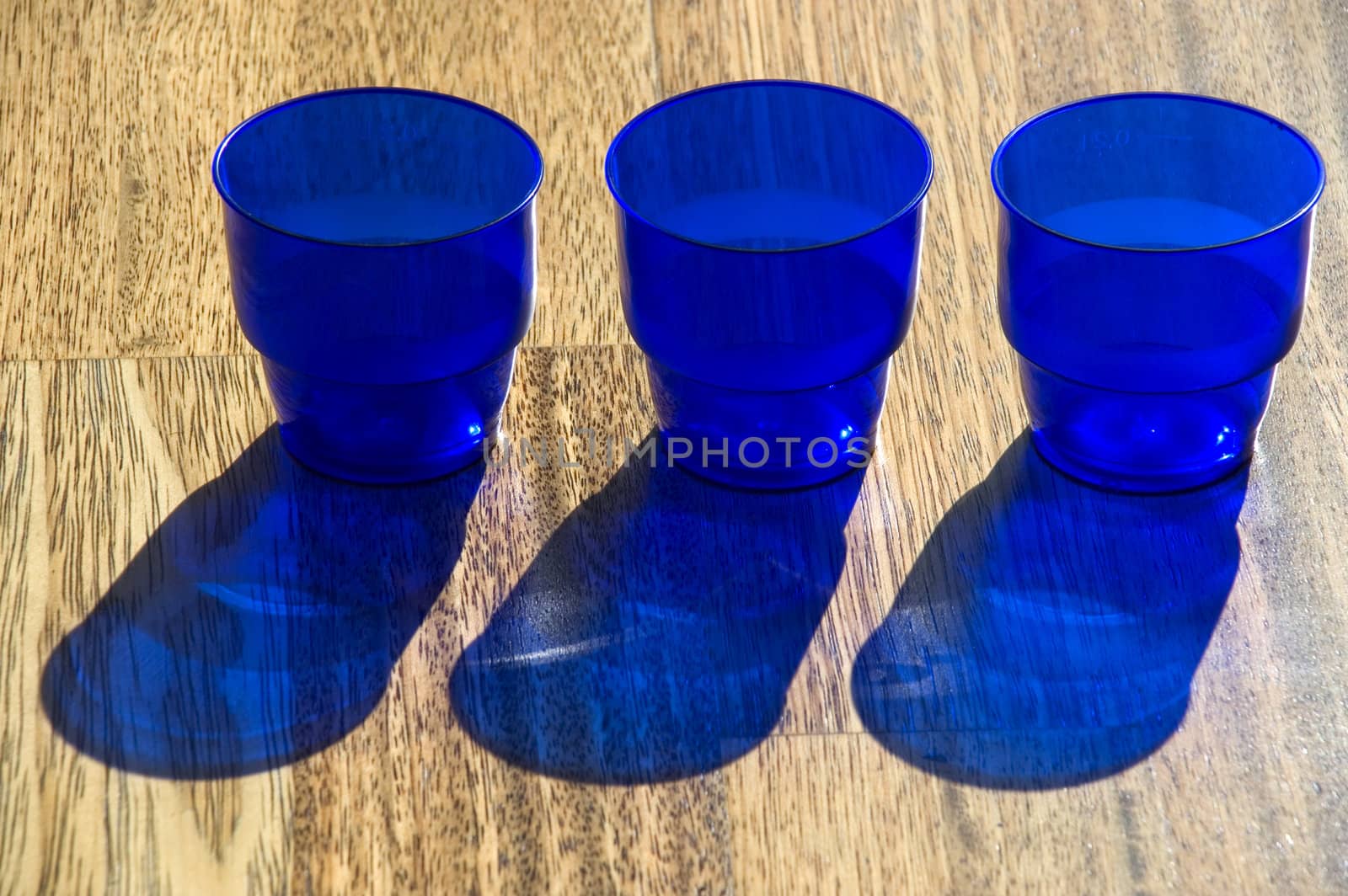 Dark blue utensils, shadow on a floor.