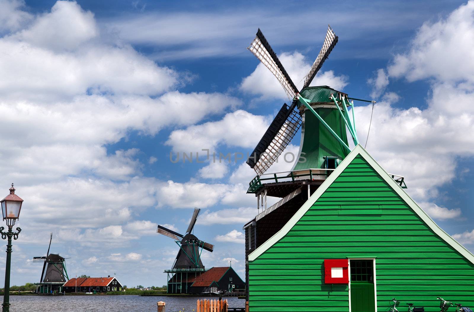 few different windmills in Dutch town Zaanse Schans