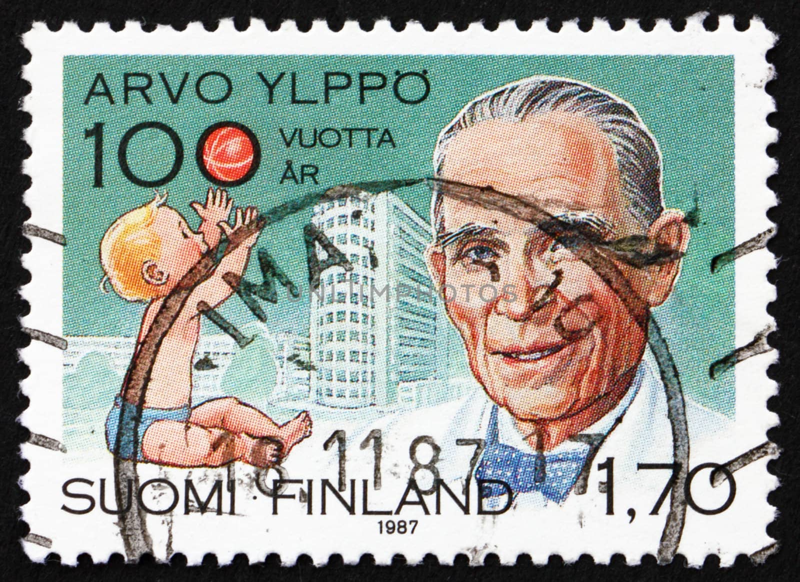 FINLAND - CIRCA 1987: a stamp printed in the Finland shows Arvo Yippo, Pediatrics Pioneer, Child and Lastenlinna Children�s Hospital, circa 1987
