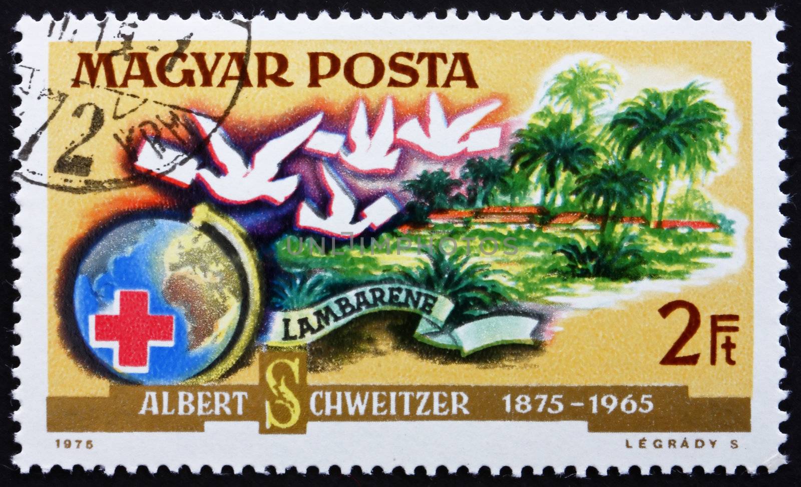 HUNGARY - CIRCA 1975: a stamp printed in the Hungary shows Hospital Lambarene, Dr. Albert Schweitzer, Medical Missionary and Musician, circa 1975