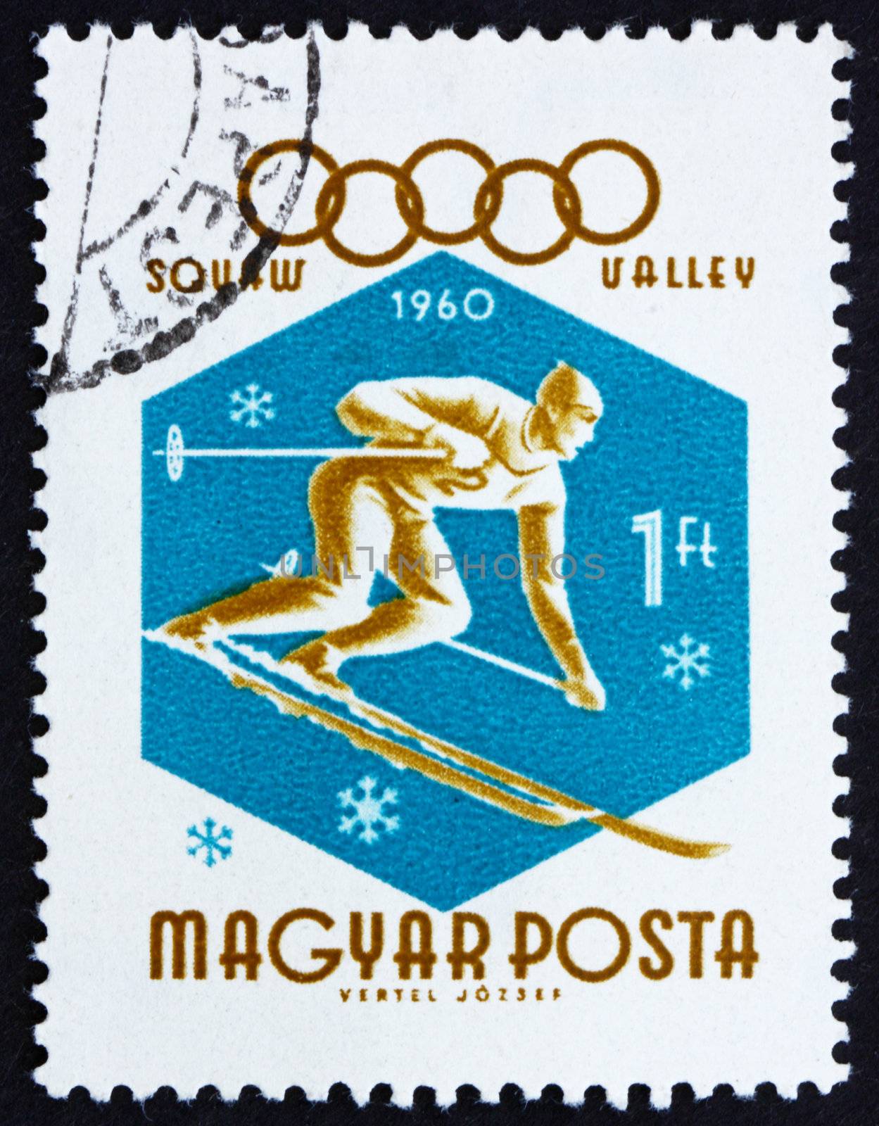 HUNGARY - CIRCA 1960: a stamp printed in the Hungary shows Downhill Skier, Winter Olympic sports, Squaw Valley 60, circa 1960