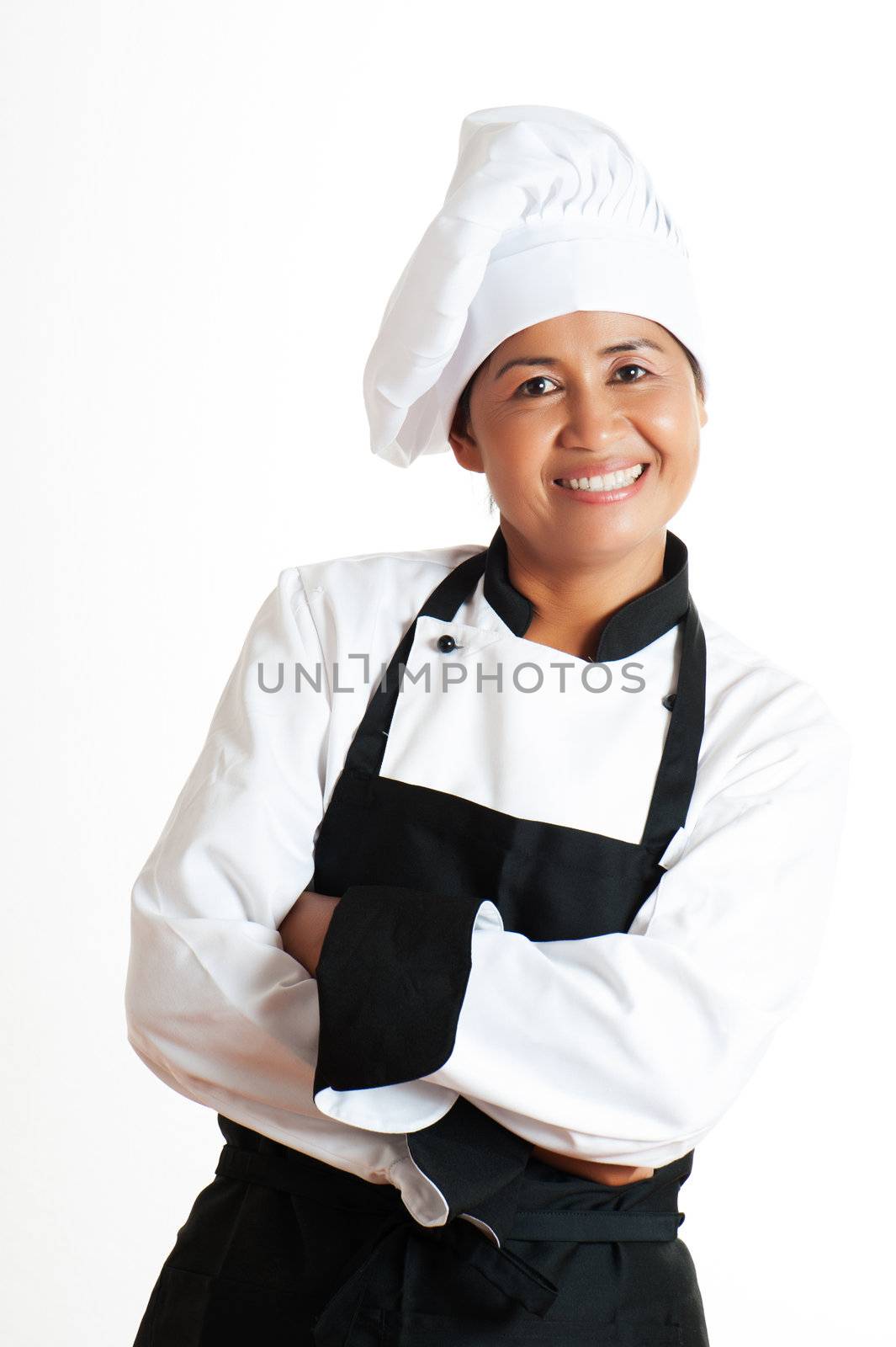 Smiling asian woman as restaurant chef on white background