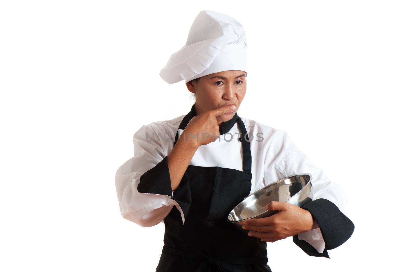 A asian woman as restaurant chef with a bowl in her hand on white background