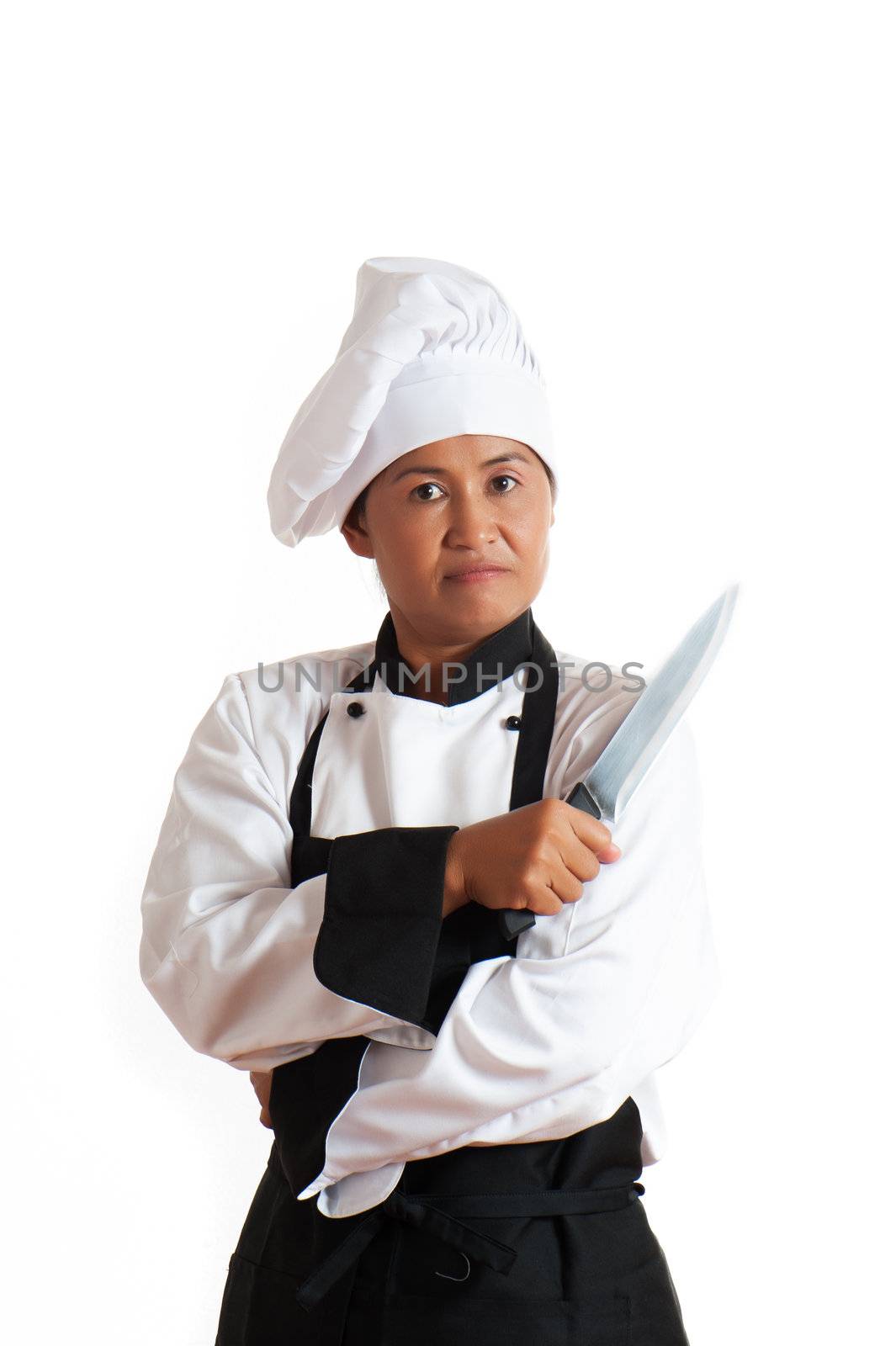A asian woman as restaurant chef with a knife in her hand on white background