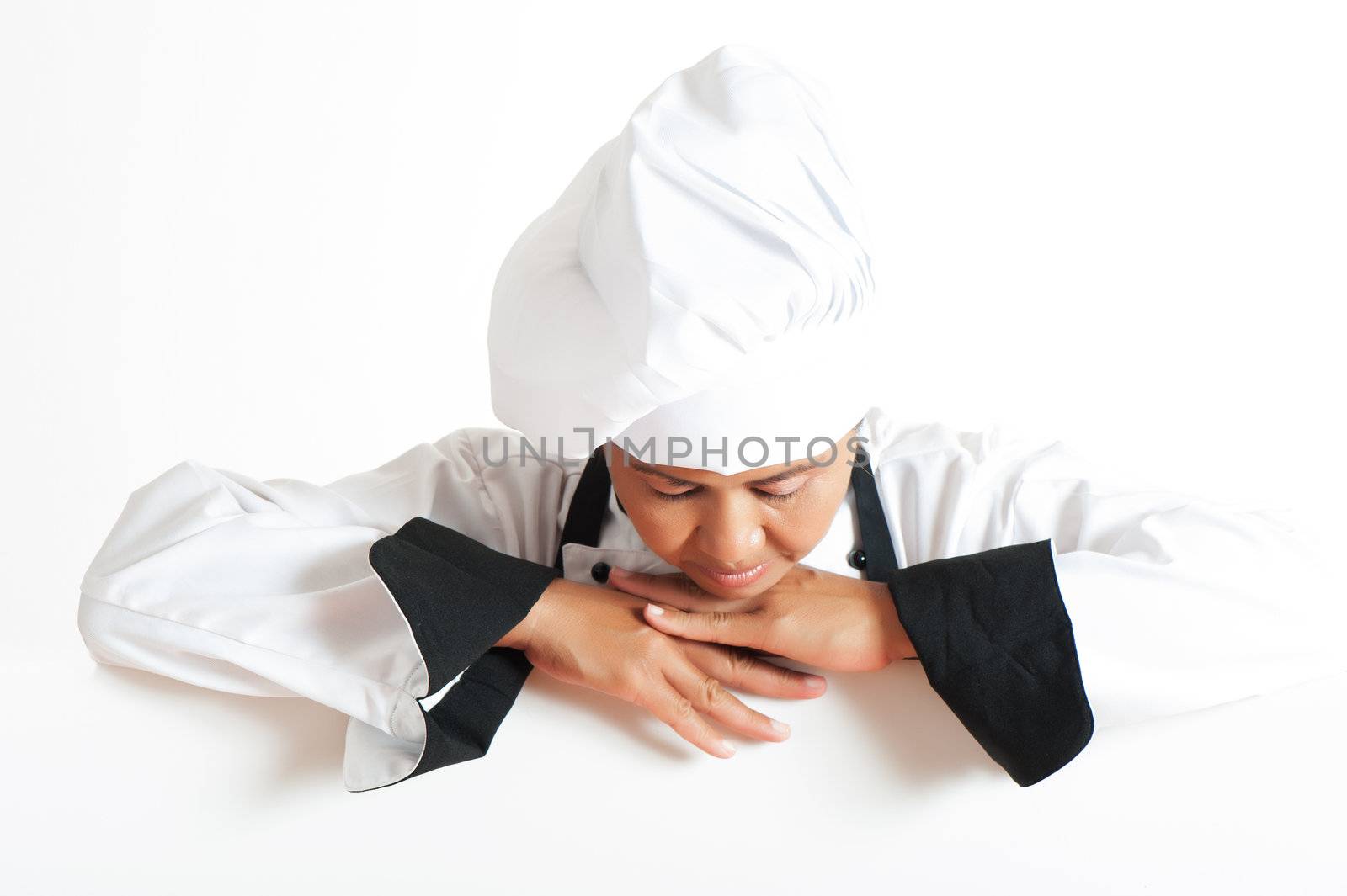 A beautiful asian woman Chef showing restaurant menu empty board - with area for your text. Isolated on white background.