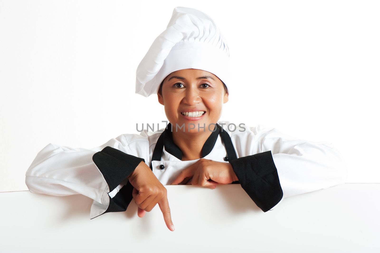 A beautiful asian woman Chef showing restaurant menu empty board - with area for your text. Isolated on white background.