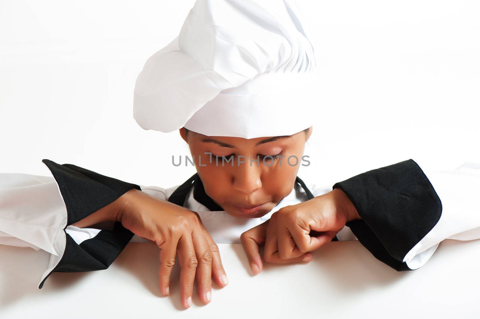 A beautiful asian woman Chef showing restaurant menu empty board - with area for your text. Isolated on white background.