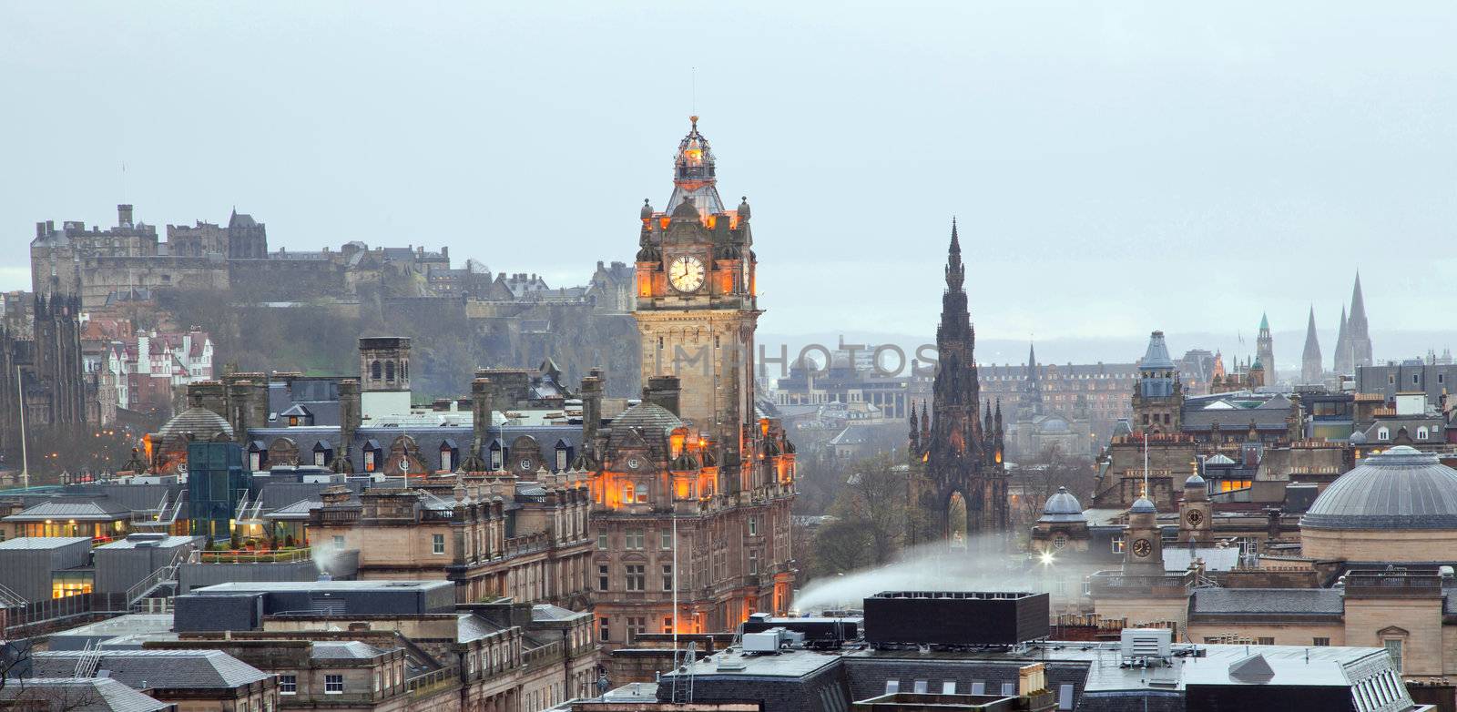 Panorama of Edinburgh Skylines building and castle from Calton Hill Scotland UK