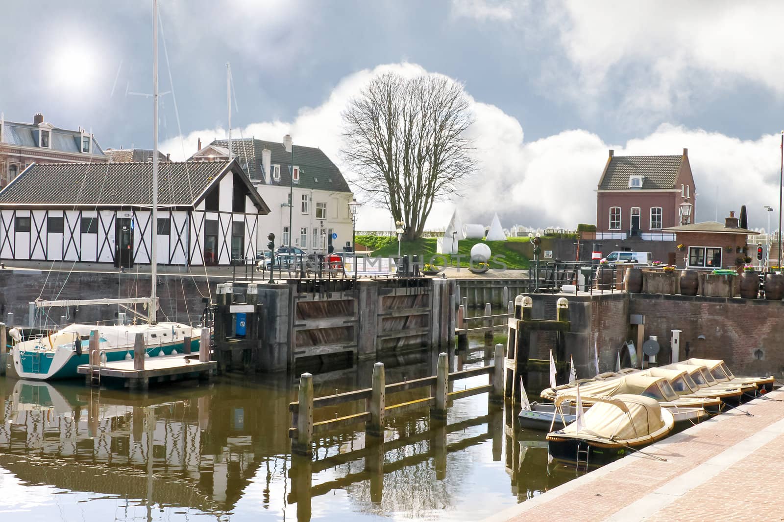 Pier and yacht in Gorinchem. Netherlands