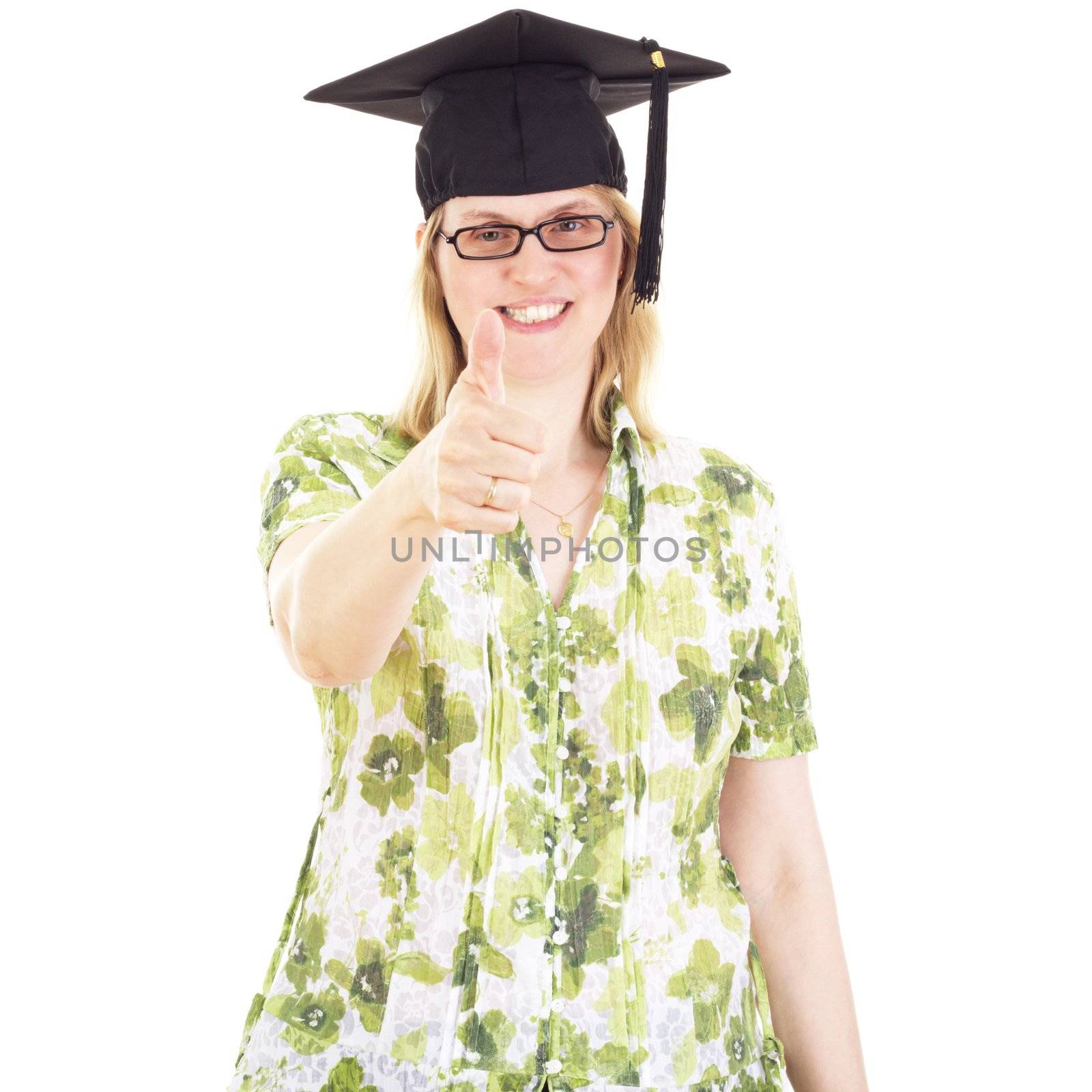 Happy female graduate by gwolters