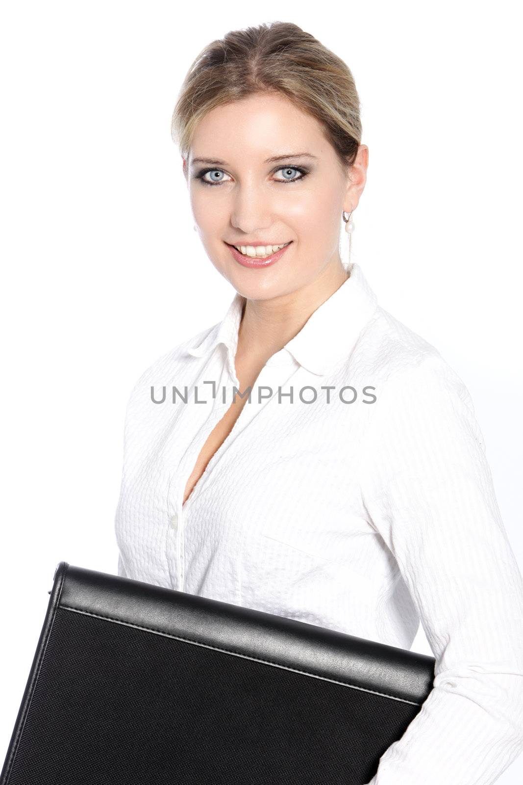 Portrait of an attractive smiling blond haired business woman holding her portfolio.