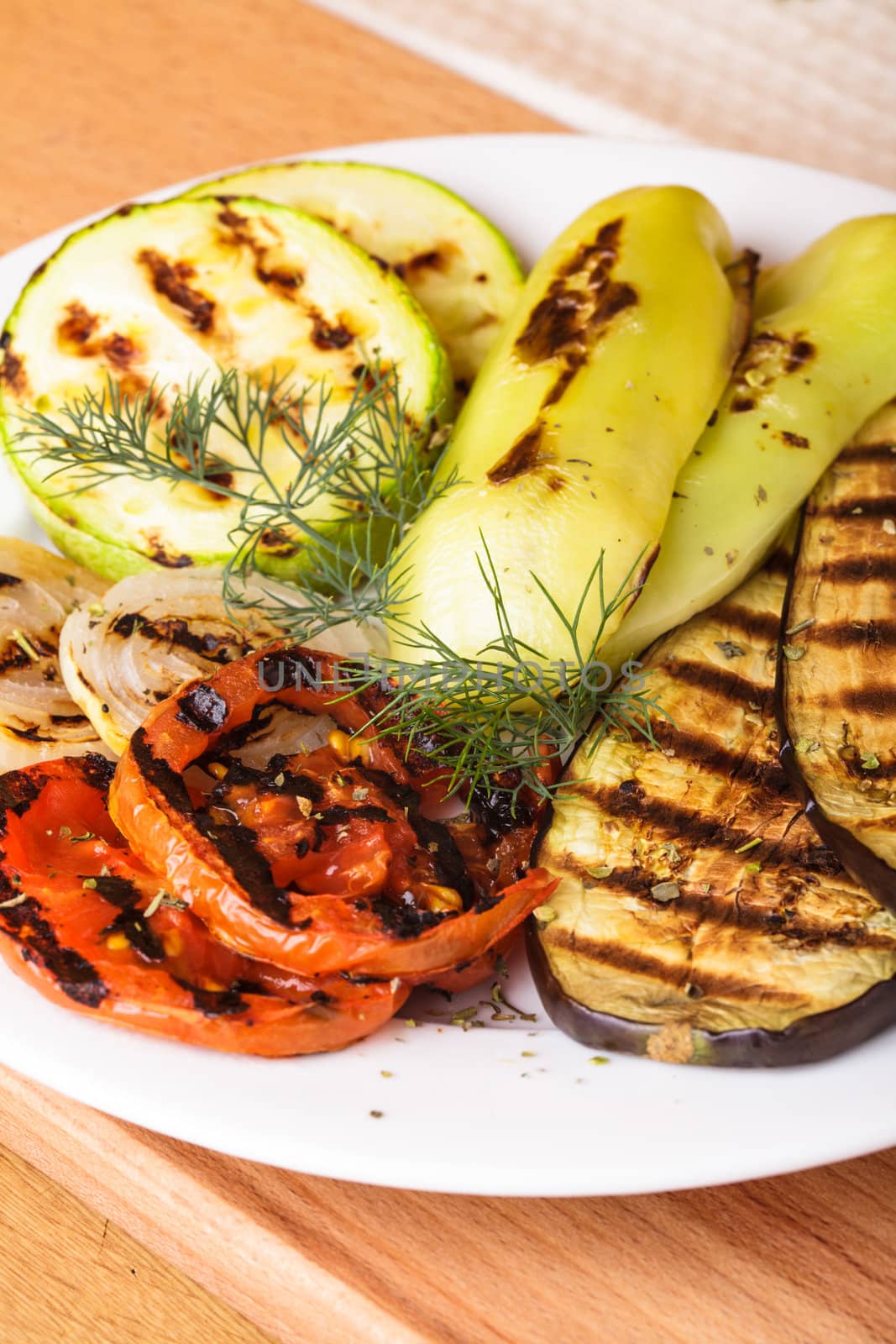 Grilled vegetables: eggplant, squash, tomato and onion