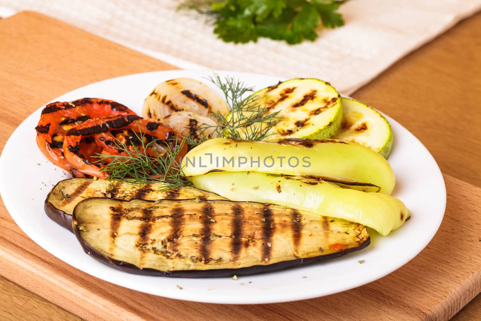 Grilled vegetables: eggplant, squash, tomato and onion