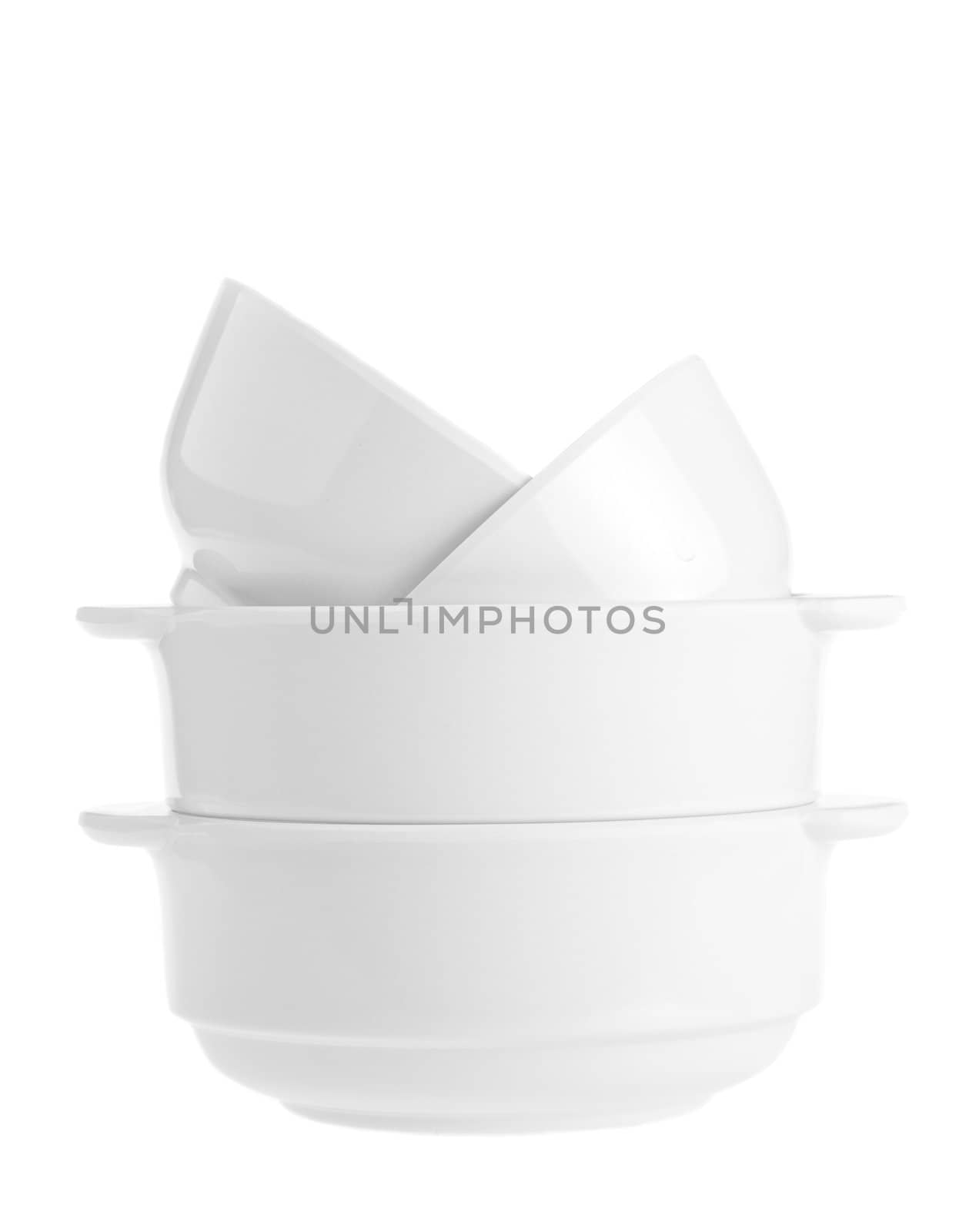 Stack of white bowls isolated on white background