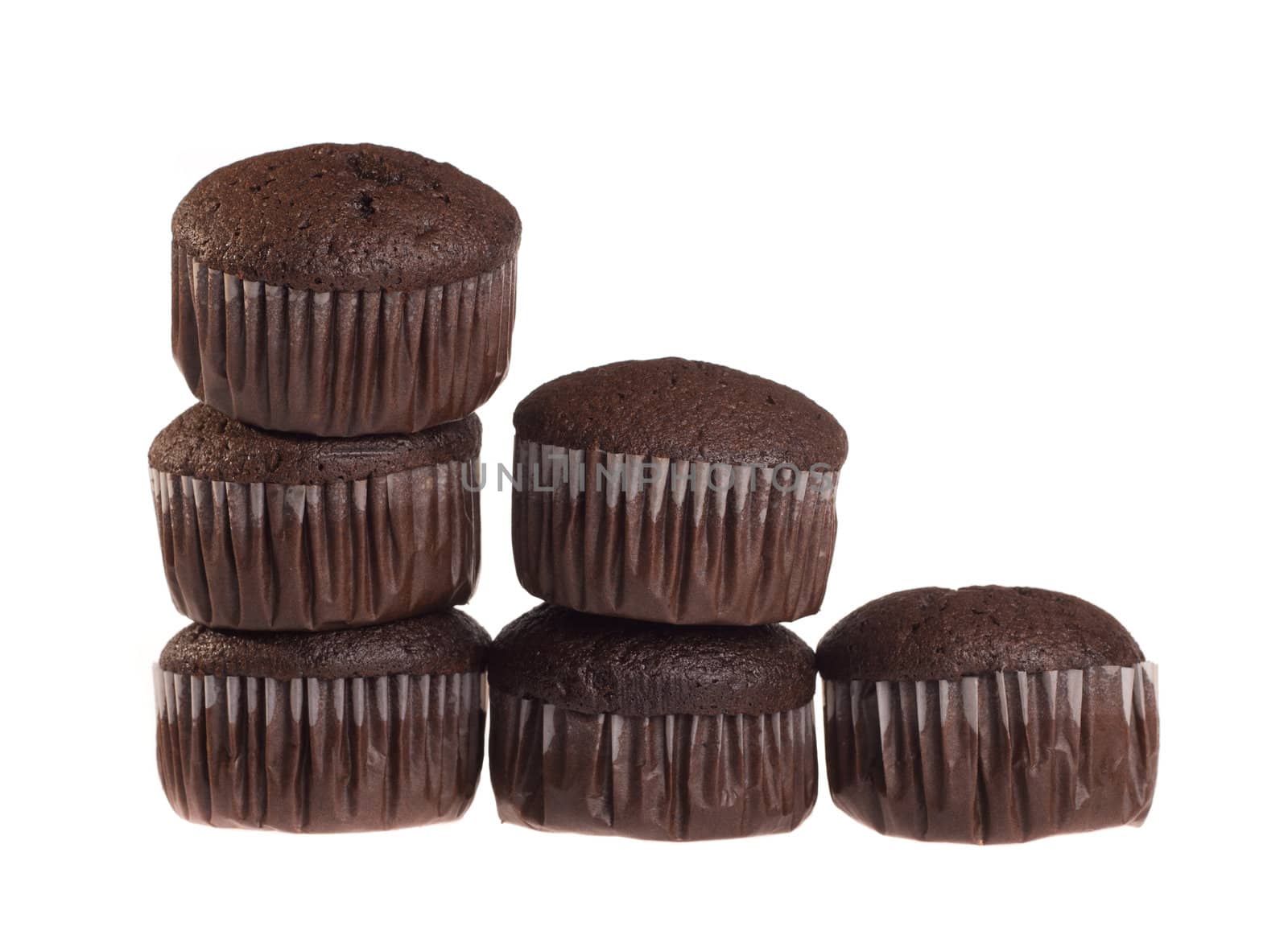 Chocolate muffin isolated on white background.