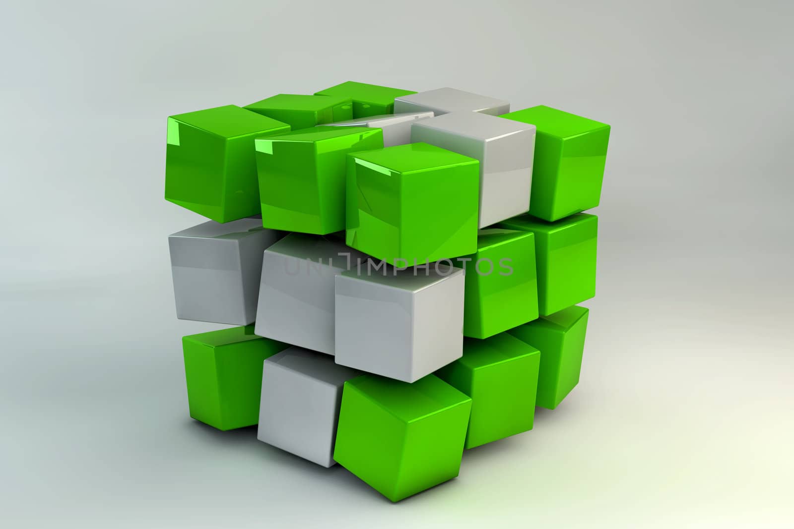 3D Box of green and white cubes