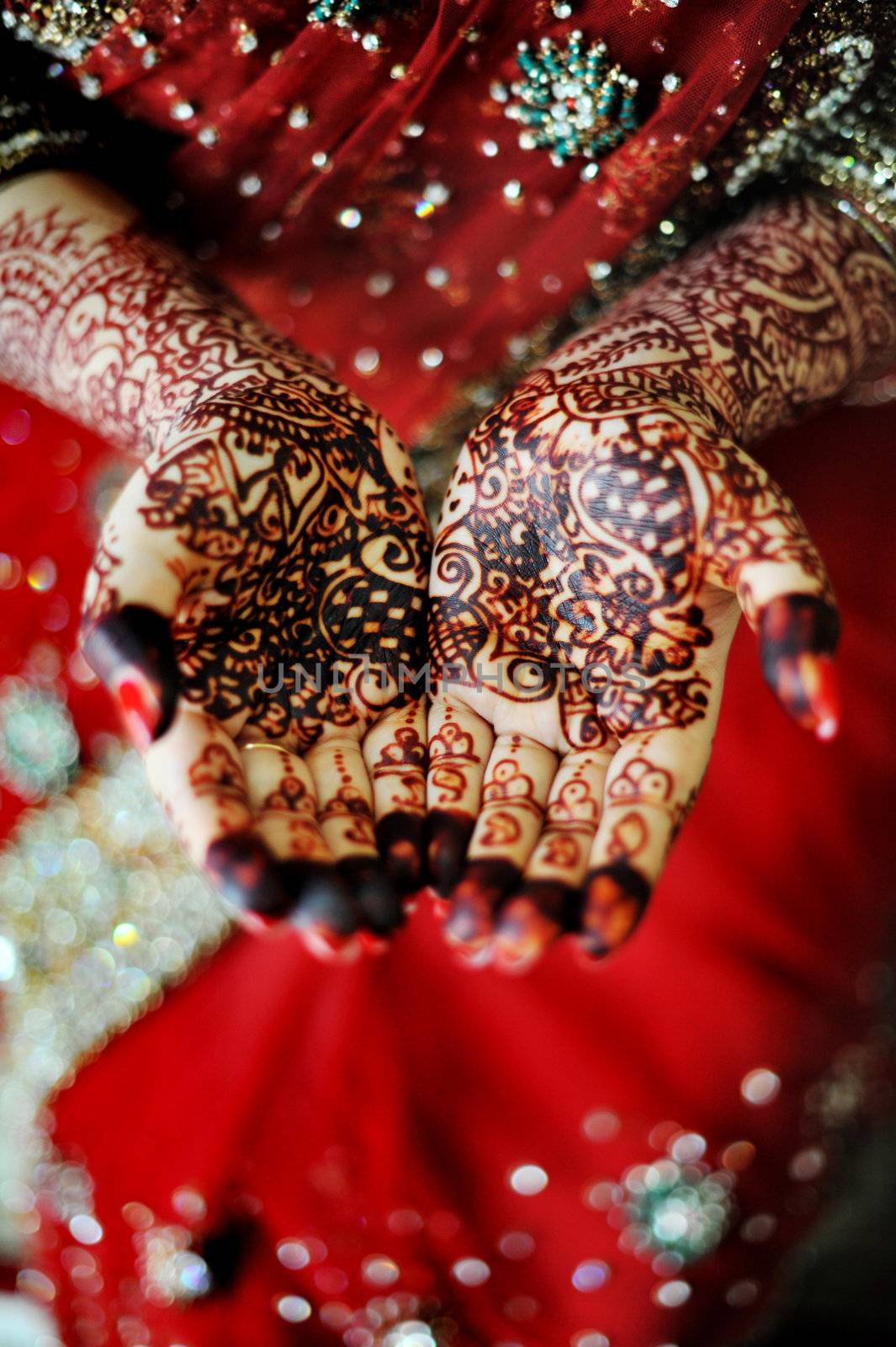 Beautiful henna tattoo in an Indian bride's hand