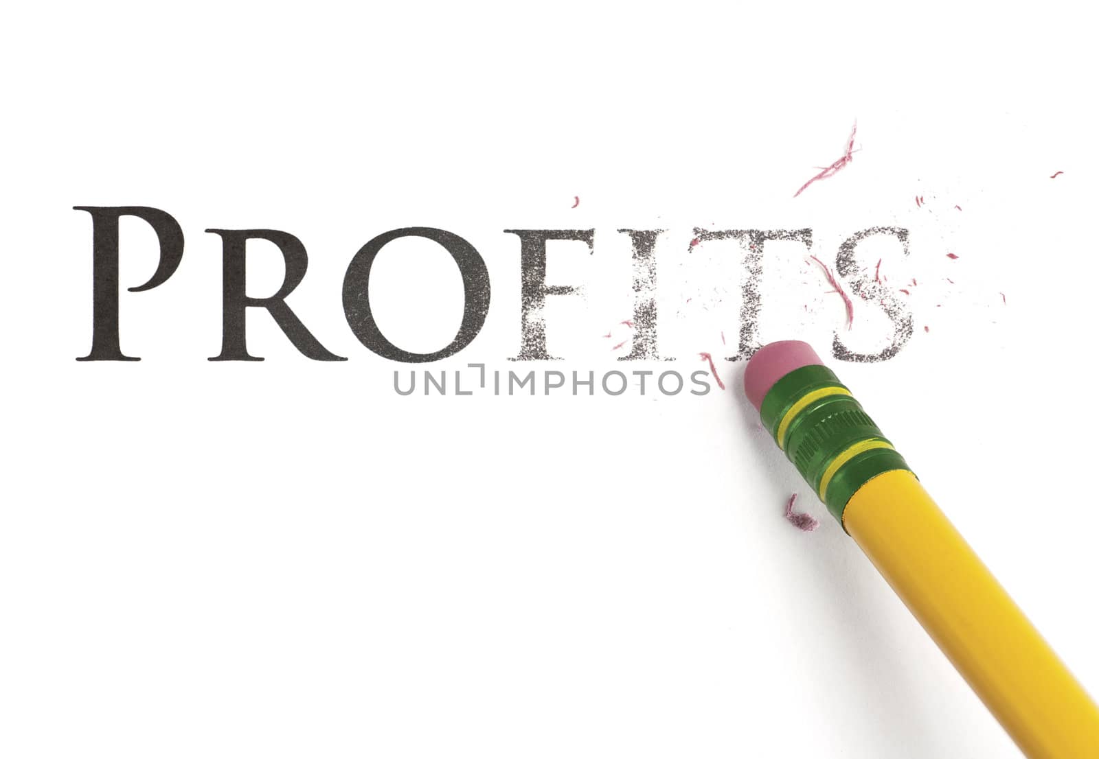 Close up of a yellow pencil erasing the word, 'Profits'. Isolated on white.
