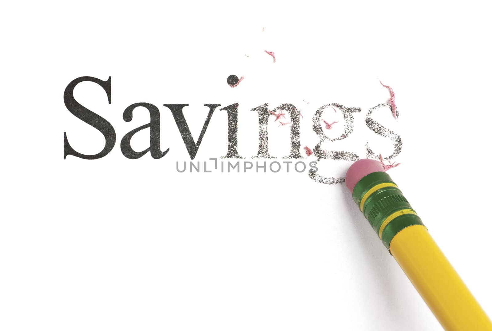 Close up of a yellow pencil erasing the word, 'Savings'. Isolated on white.