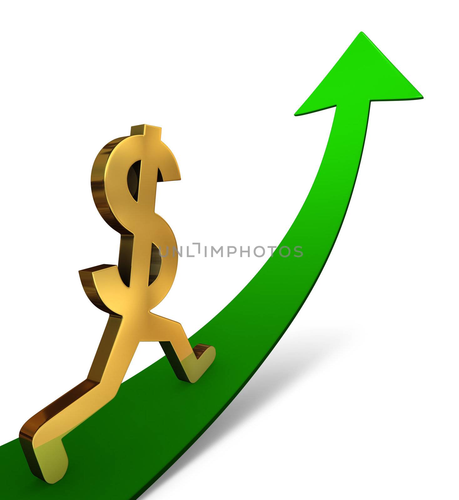 Illustration of a gold dollar sign beginning a confident ascent on an up-curving Arrow. On white with drop shadow.