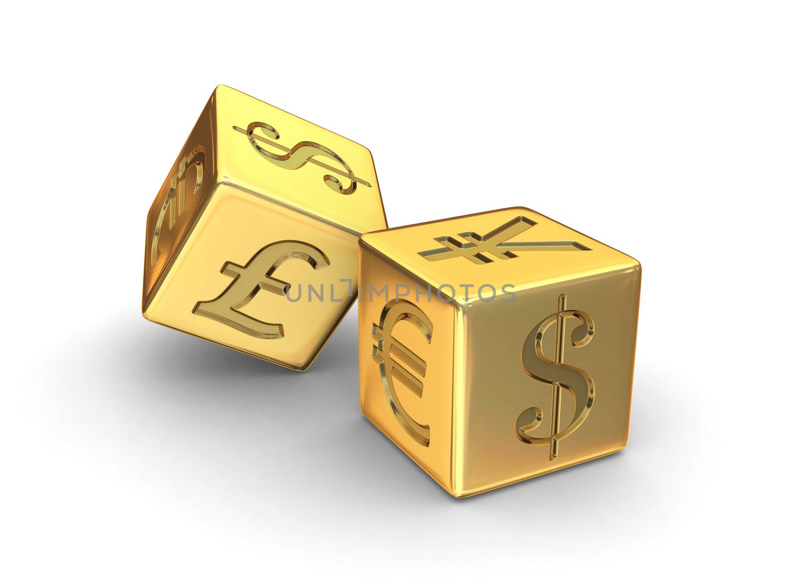 Two Gold dice engraved with Dollar, Yen, Euro and Pound currency symbols on white background.