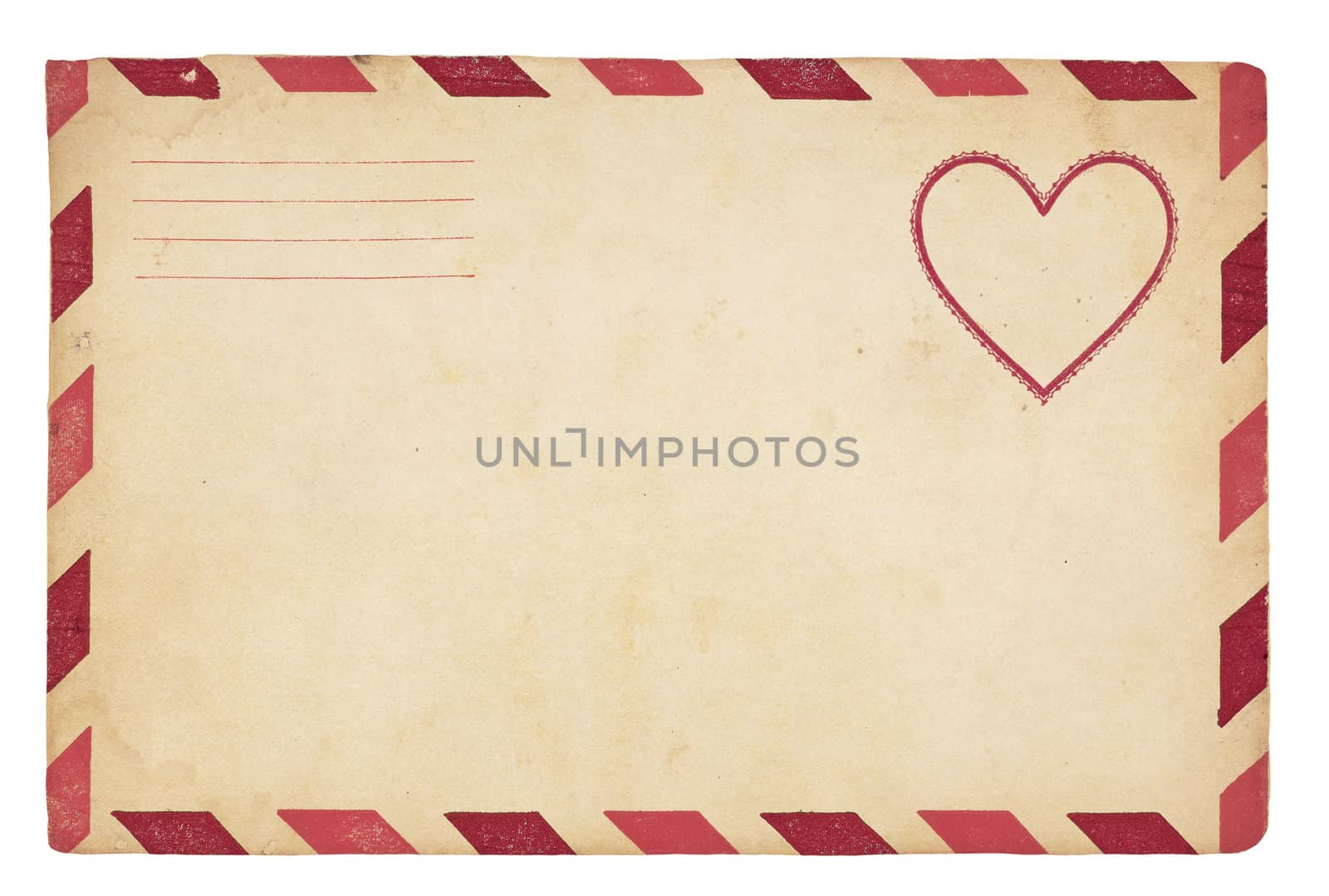 The front of an vintage Valentine-themed envelope with red striped border. Isolated on white with clipping path.