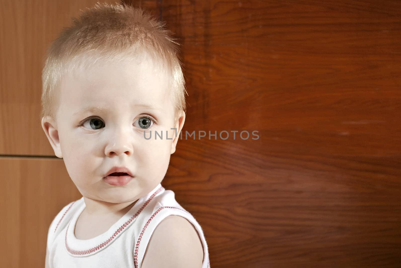 Portrait of handsome young boy on wood background.