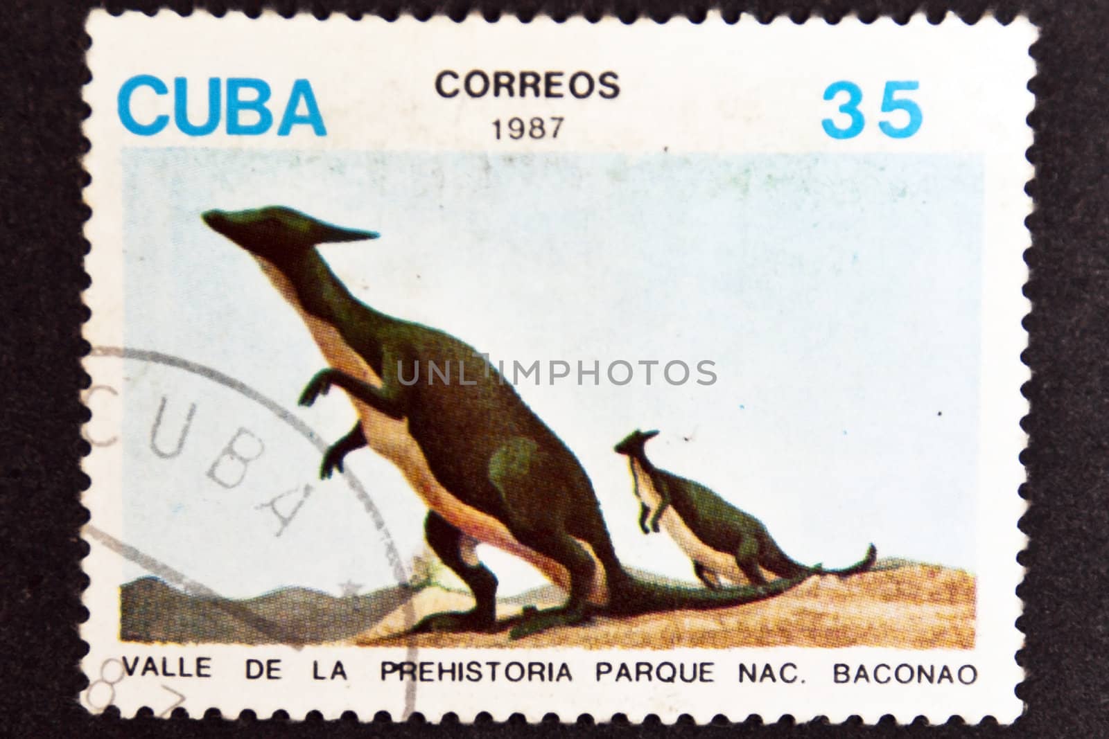 CUBA CIRCA 1987: stamp printed by CUBA, shows dinosaurs - Prehistory birth of Valley Park Baconao , CIRCA 1987