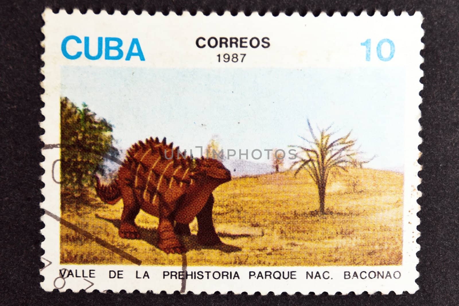 CUBA CIRCA 1987: stamp printed by CUBA, shows dinosaurs - Prehistory birth of Valley Park Baconao , CIRCA 1987