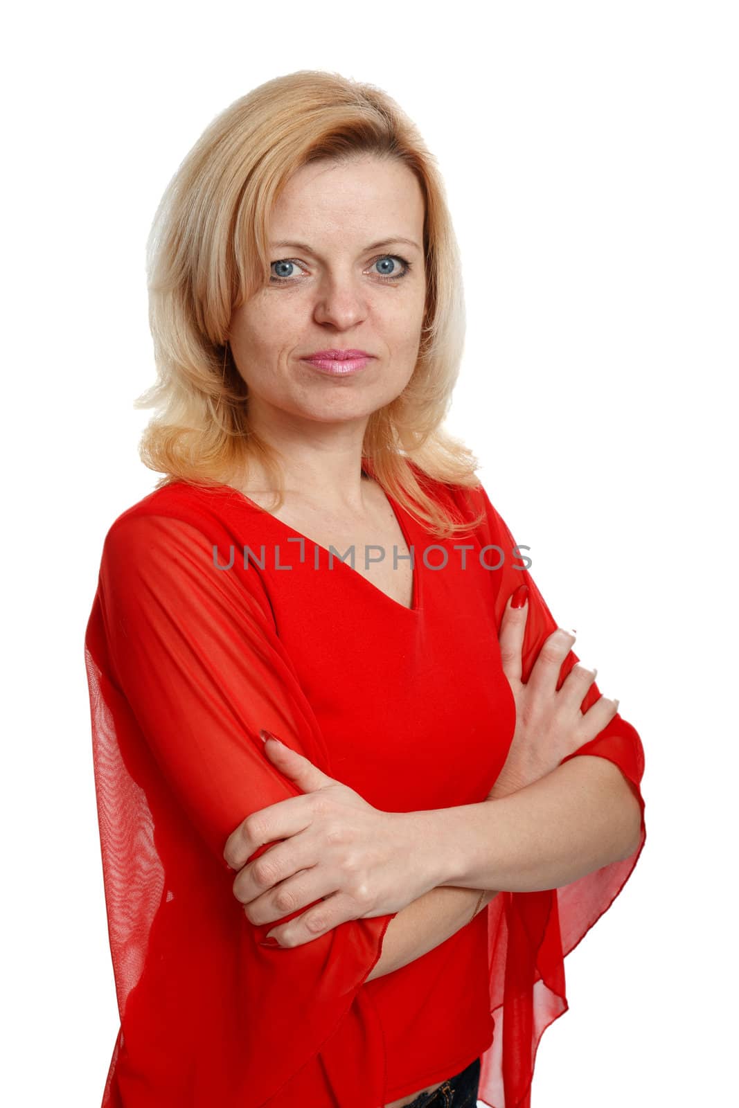 serious woman in a red blouse on a white background