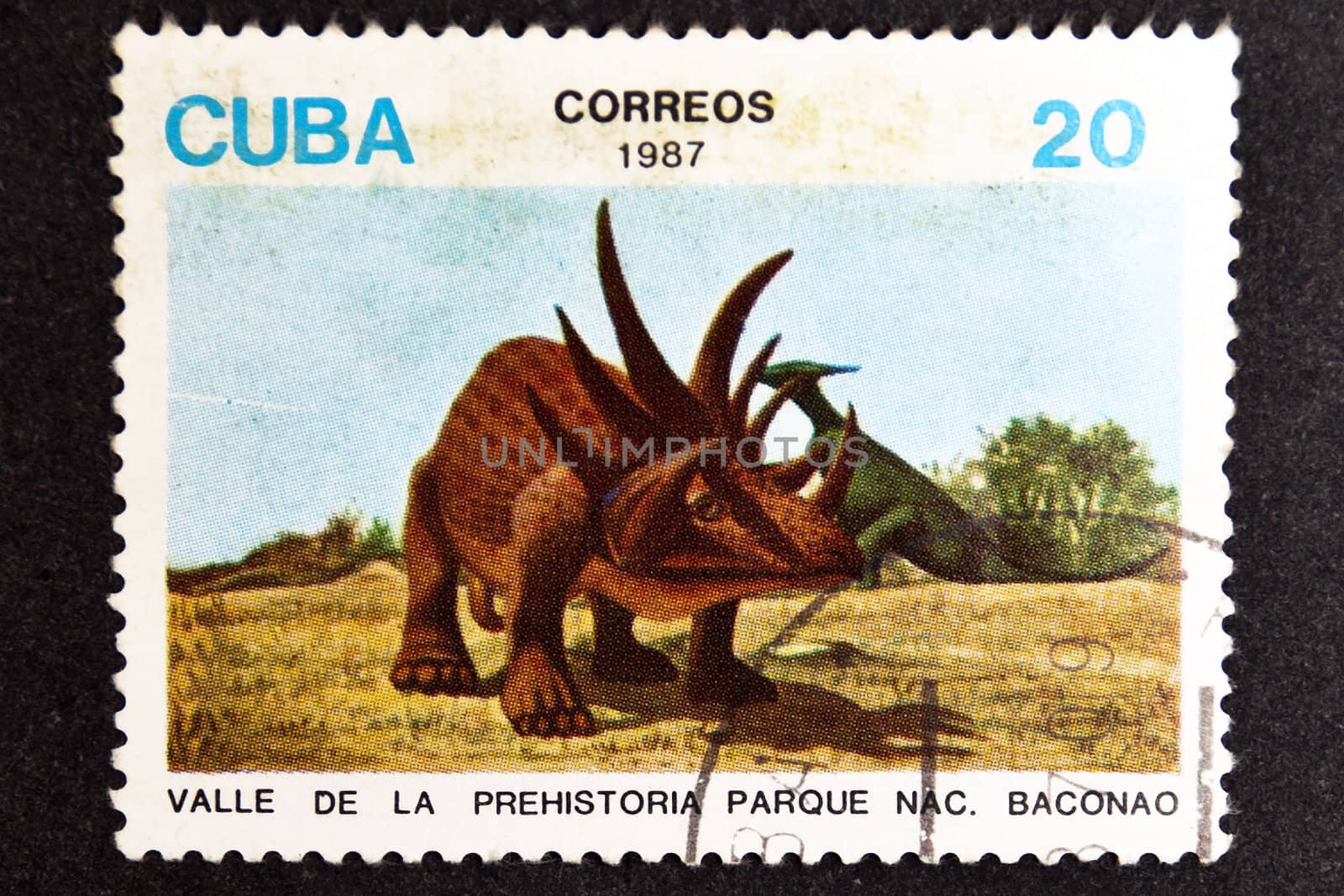 CUBA CIRCA 1987: stamp printed by CUBA, shows dinosaurs - Prehistory birth of Valley Park Baconao , CIRCA 1987