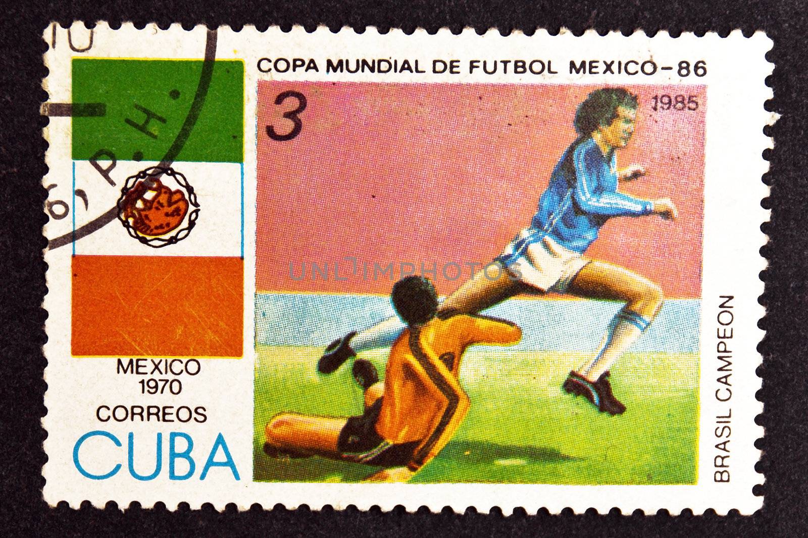 CUBA CIRCA 1985: stamp printed by CUBA, shows Football World Cup Mexico-86 - Champion of Brazil - Mexico, 1970 , CIRCA 1985