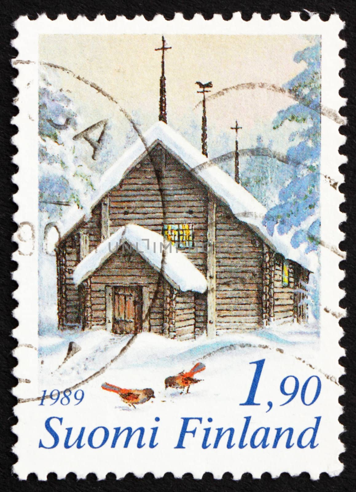 FINLAND - CIRCA 1989: a stamp printed in the Finland shows Sodankyla Church and Siberian Jays in Snow, Finland, Christmas, circa 1989