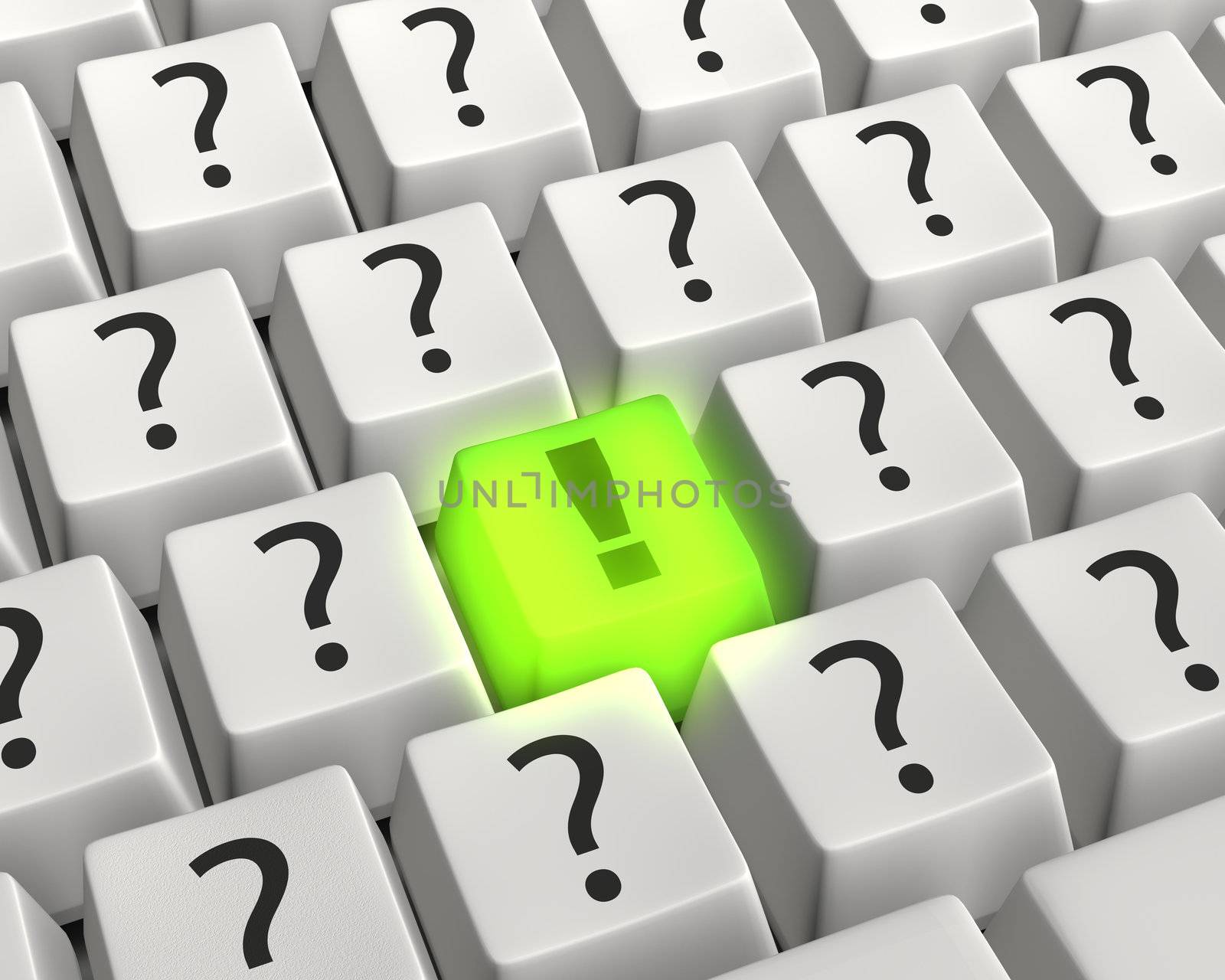 Close up photo-real illustration of a computer keyboard with a green glowing exclamation key surrounded by white question mark keys conveying a bold solution, answer or idea amid technology questions.