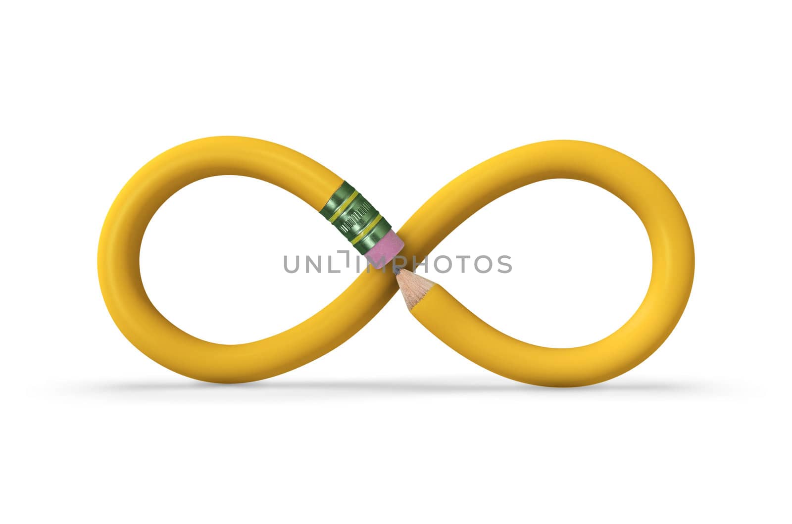 A yellow pencil in the shape of an infinity symbol on white with drop shadow. Includes clipping path.