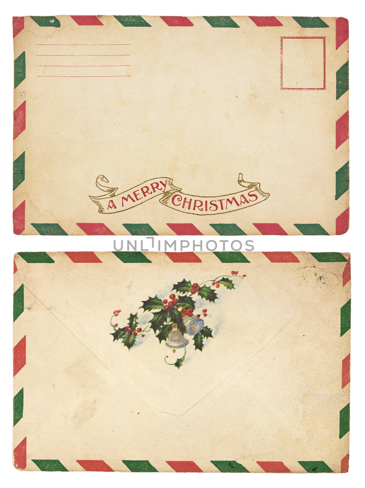 The front and back of an aging Christmas envelope with red and green striped border. Isolated on white with clipping path.