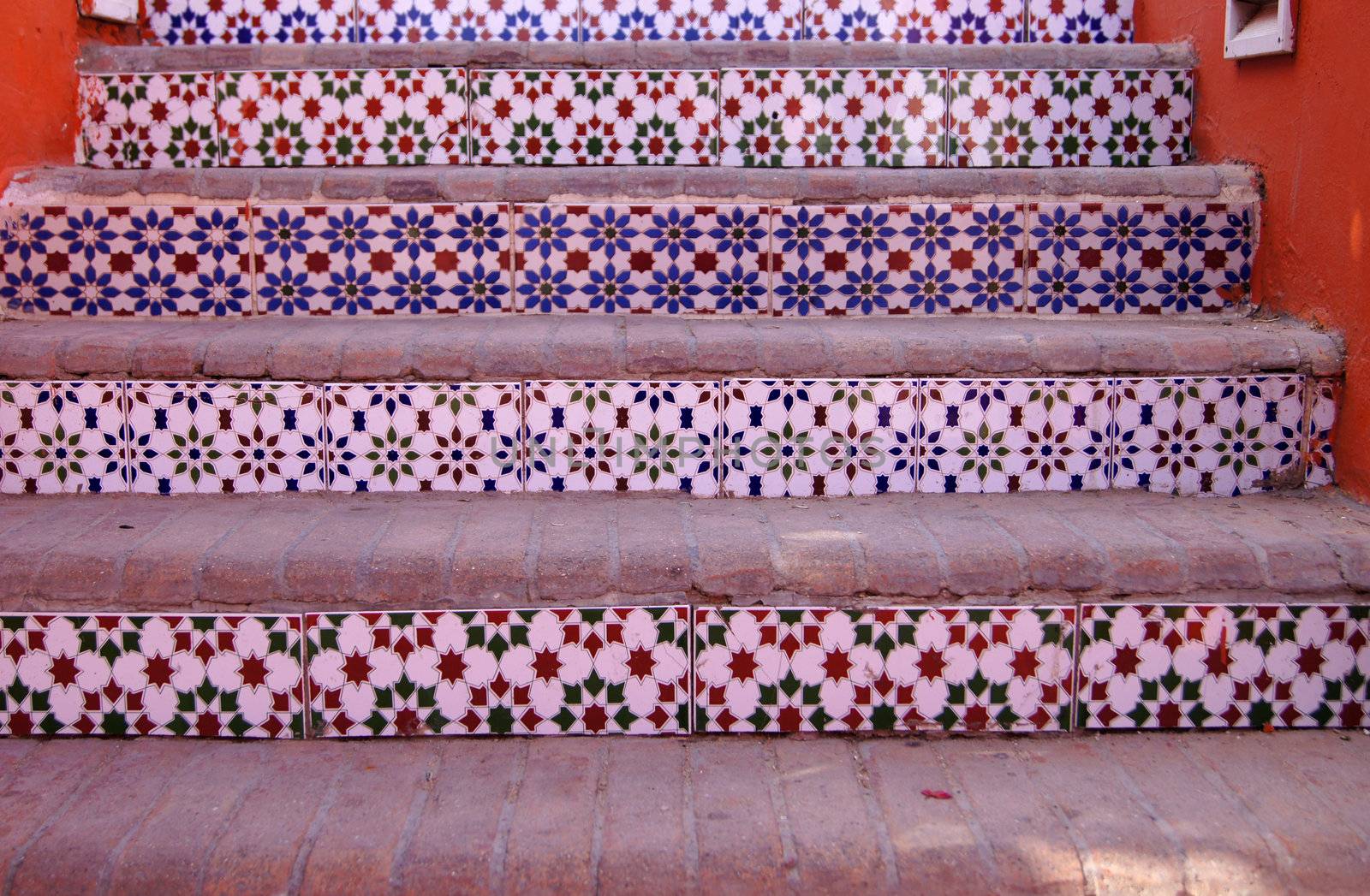 Courtyard of mediterranean villa with ceramic tile walkway and blooming bushes in Egypt            