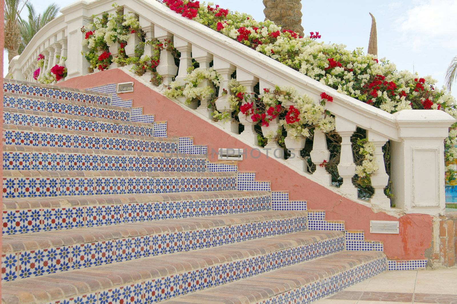 Courtyard of mediterranean villa with ceramic tile walkway and blooming bushes in Egypt              