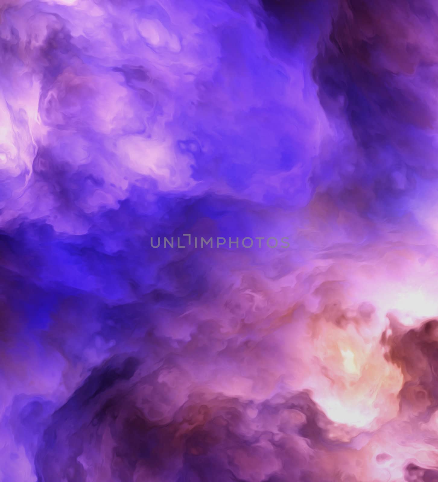 Backlit surreal, stormy clouds shading from dark purples and reds to light blues and yellows symbolizing a range of concepts such as creation, the birth of stars, or an ominous maelstrom.