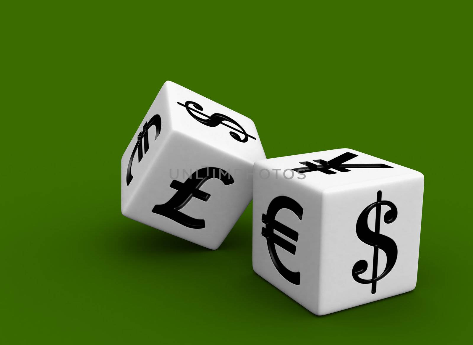 Photo-real illustration of two white dice engraved with US Dollar, Yen, Euro and Pound currency symbols on green background.