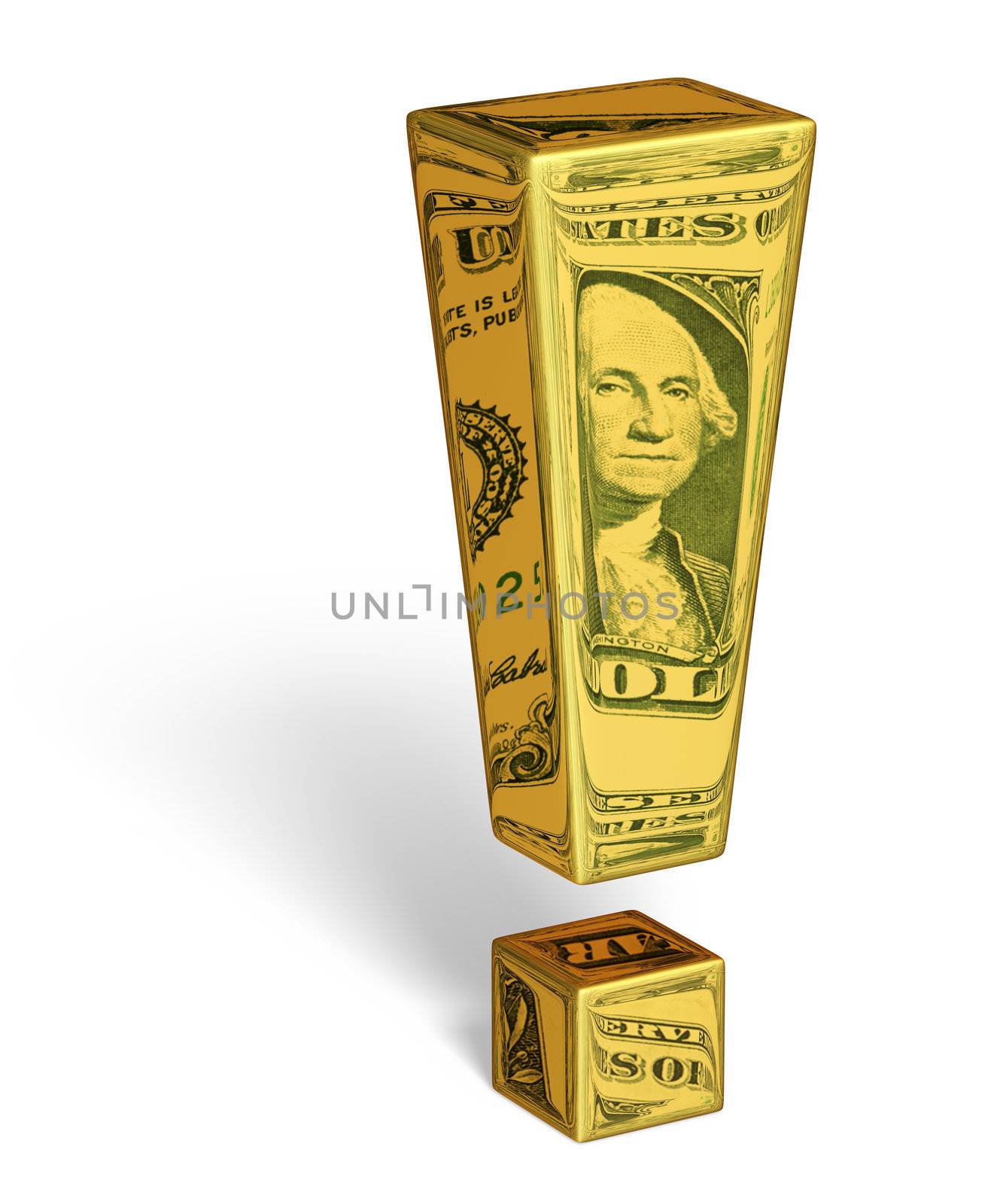 A gold exclamation mark with images of U.S. dollar bills reflecting off it's surface. Isolated on white with shadow. Includes clipping path.