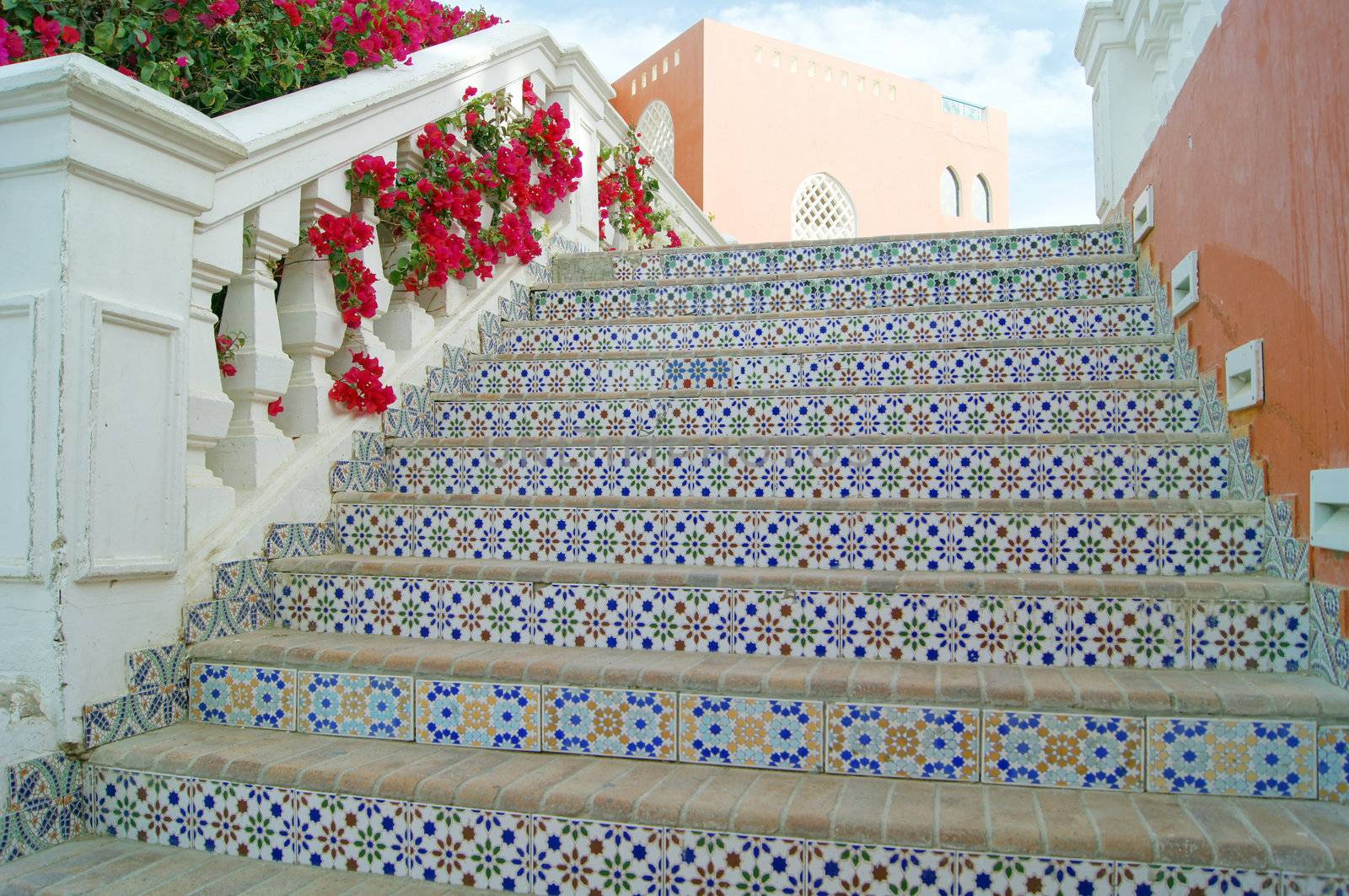 Courtyard of mediterranean villa with ceramic tile walkway and blooming bushes in Egypt              