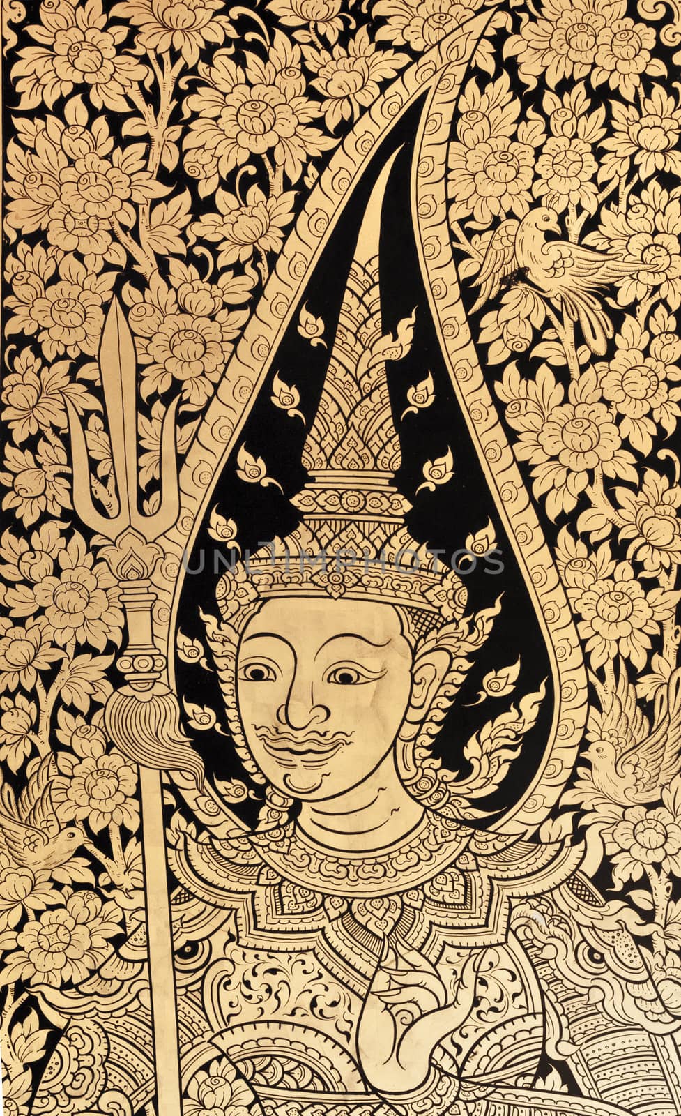 generality in thailand, any kind of art decorated in buddhist church, temple pavilion, temple hall, monk's house etc. created with money donated by people to hire artist. they are public domain or treasure of buddhism, no restrict in copy or use, no name of artist appear (but, if there is artist name, it only for tell who is the artist of work, not for copyright.) this photo is taken under these conditions.