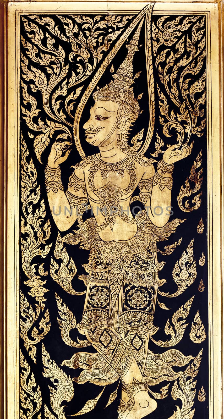 generality in thailand, any kind of art decorated in buddhist church, temple pavilion, temple hall, monk's house etc. created with money donated by people to hire artist. they are public domain or treasure of buddhism, no restrict in copy or use, no name of artist appear (but, if there is artist name, it only for tell who is the artist of work, not for copyright.) this photo is taken under these conditions.