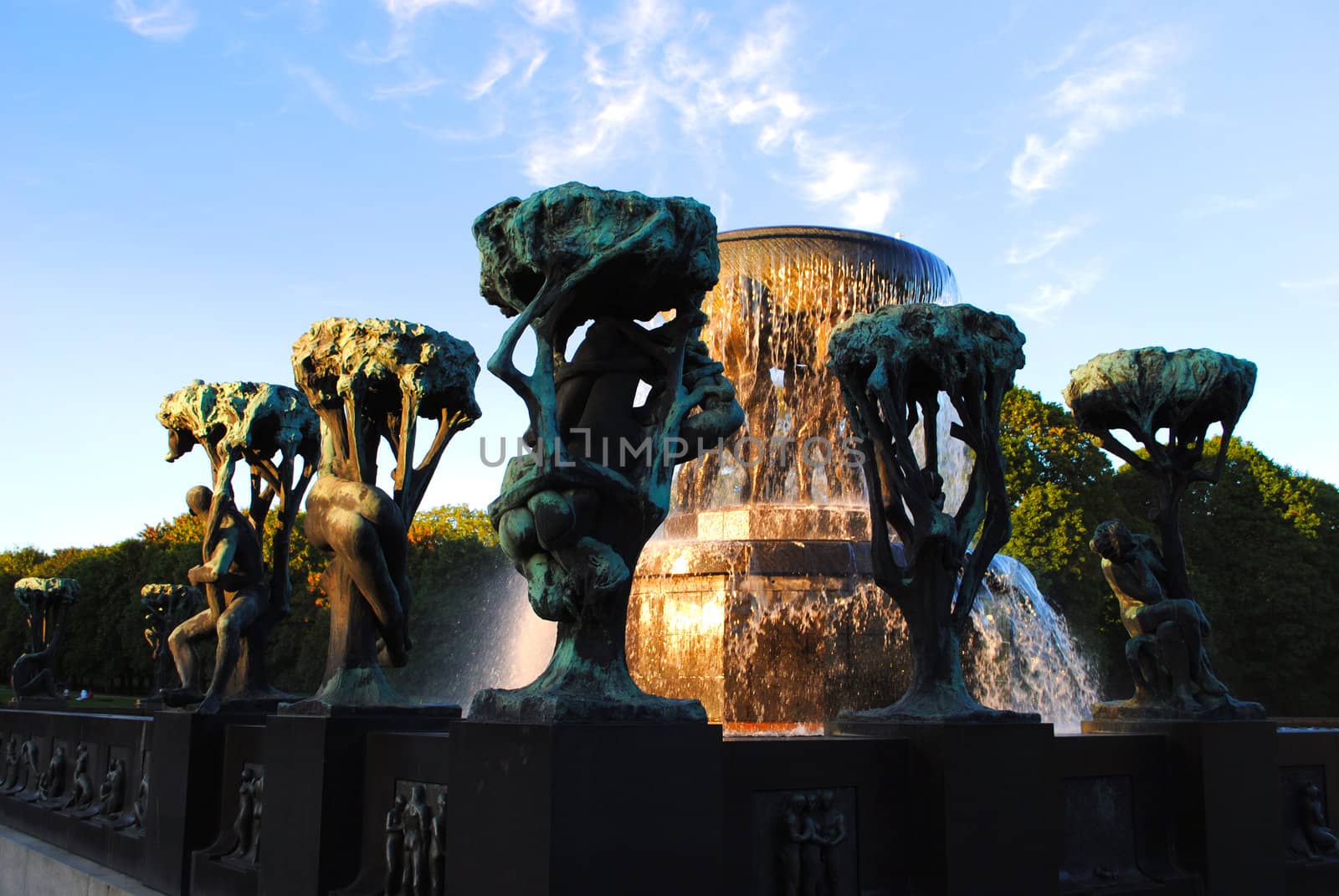 A fountain in Frogner Park (Frognerparken), a public park located in the borough of Frogner in Oslo, Norway. The park contains the world famous Vigeland Sculpture Park (Vigelandsanlegget) designed by Gustav Vigeland.