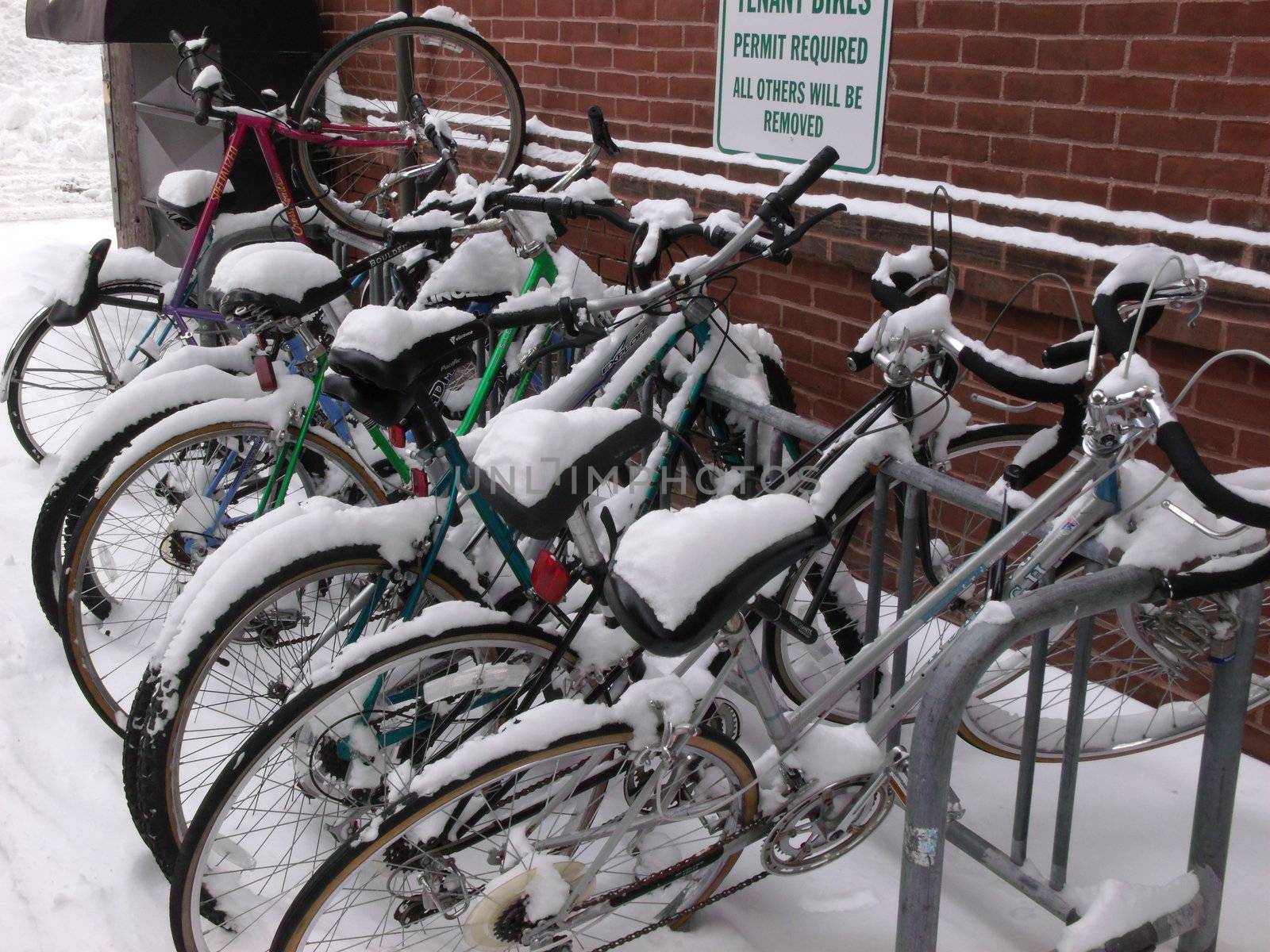 Bikes parked together in a grouping with snow covering each one and some tilted in peculiar angles.