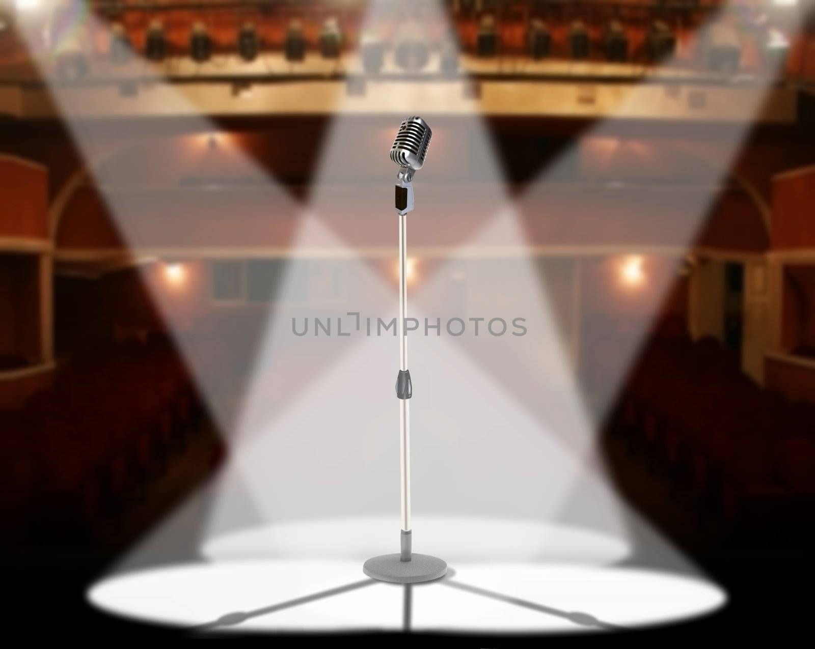 Live in concert with microphone under spotlights