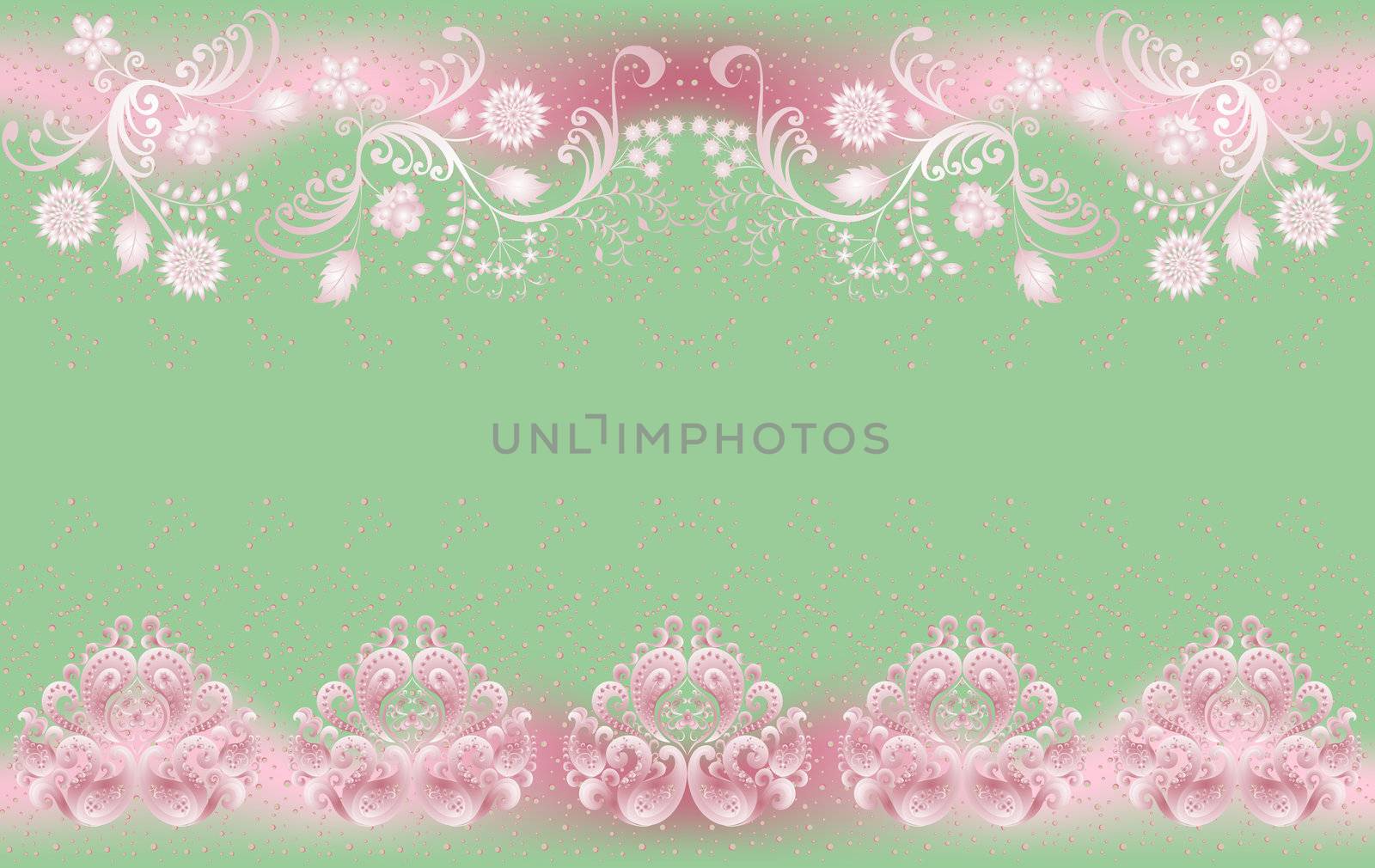 reen background decorated with a pink pattern in the Baroque style