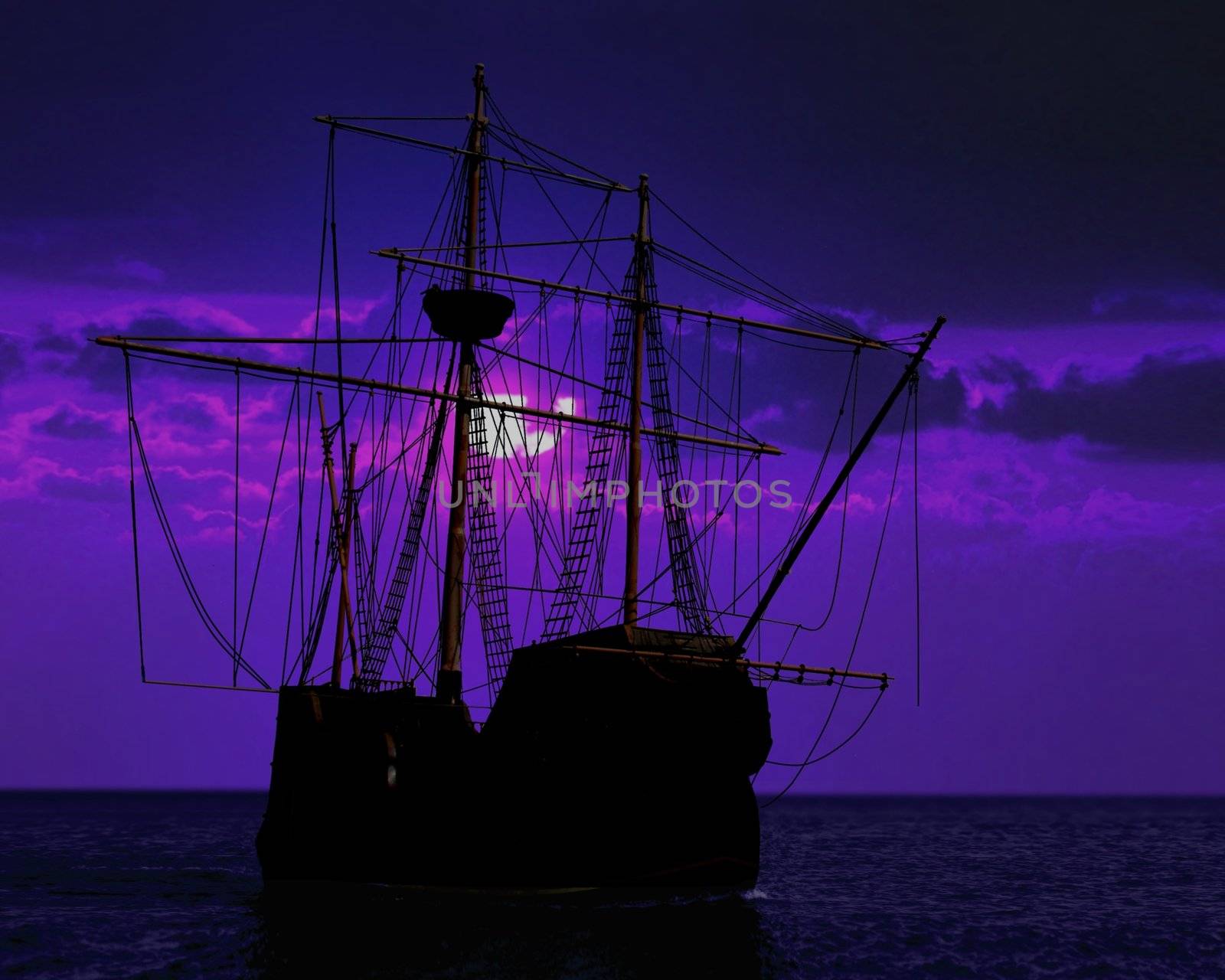 pirate ship docking under moon light